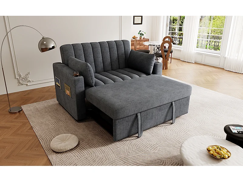 Canapé 2 places convertible avec dossier réglable - Canapé-lit en tissu lin et coton - Gris