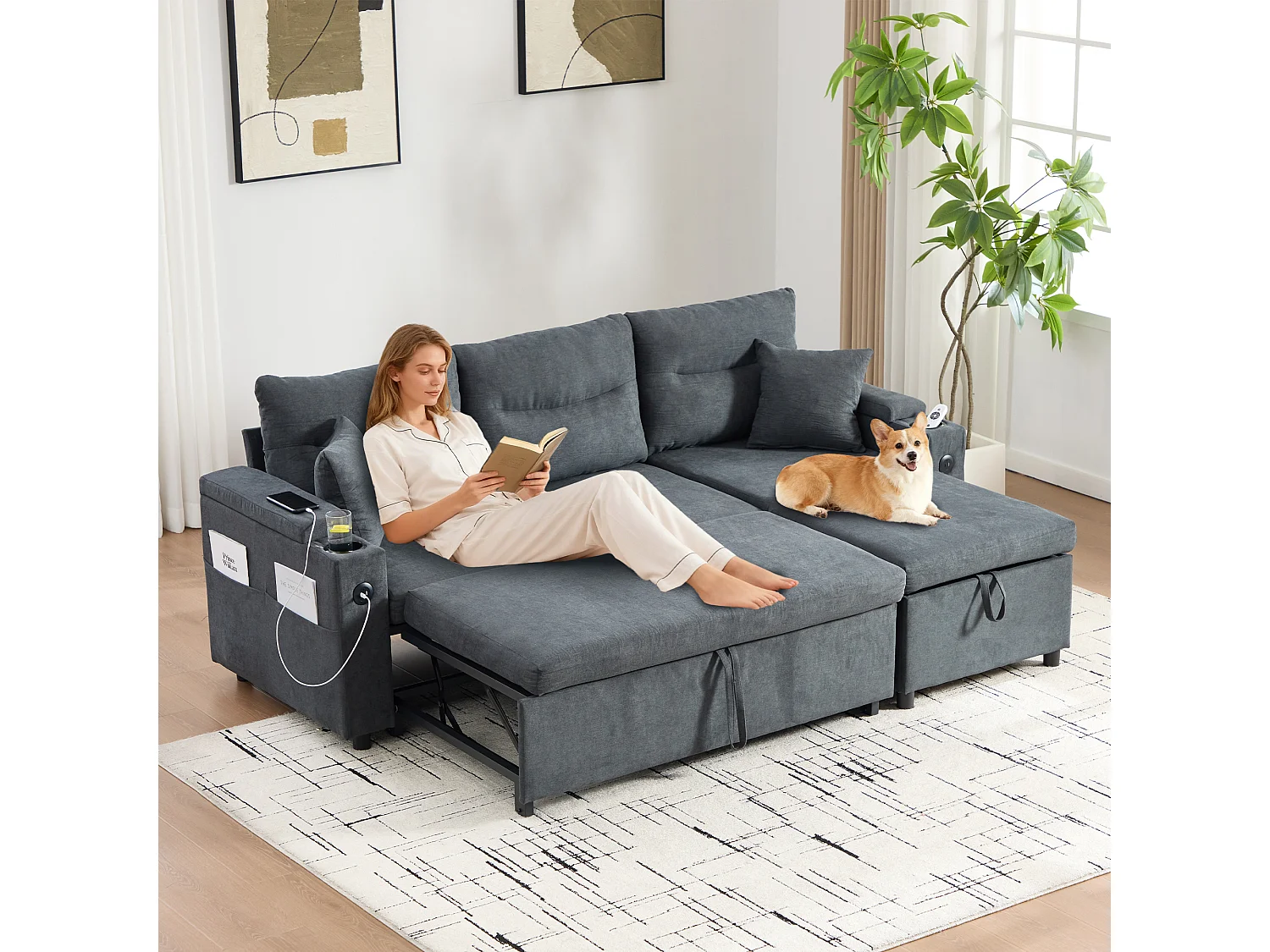 Canapé convertible 3 places - 212.5 x 136 x 86 cm - avec porte-gobelets + USB + rangement - canapé gigogne - lin - gris foncé