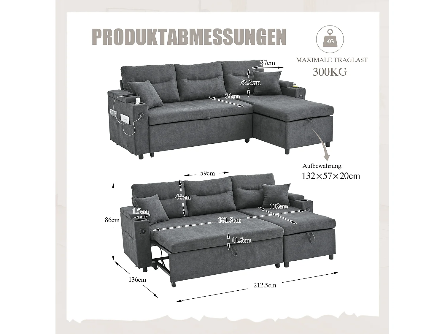 Canapé convertible 3 places - 212.5 x 136 x 86 cm - avec porte-gobelets + USB + rangement - canapé gigogne - lin - gris foncé