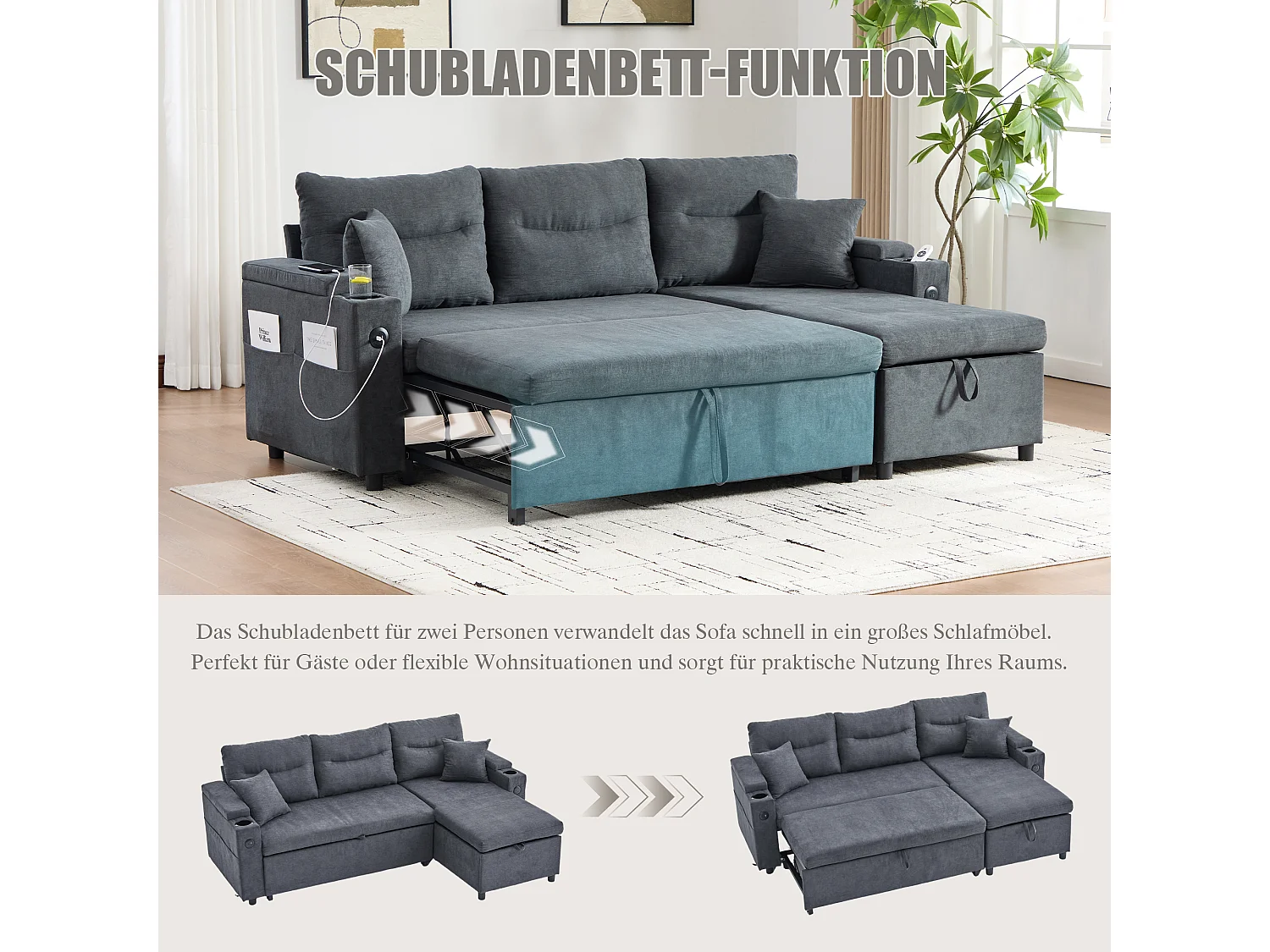 Canapé convertible 3 places - 212.5 x 136 x 86 cm - avec porte-gobelets + USB + rangement - canapé gigogne - lin - gris foncé