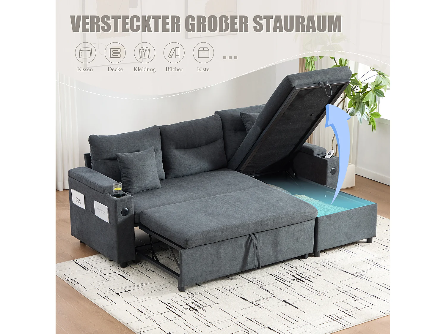 Canapé convertible 3 places - 212.5 x 136 x 86 cm - avec porte-gobelets + USB + rangement - canapé gigogne - lin - gris foncé