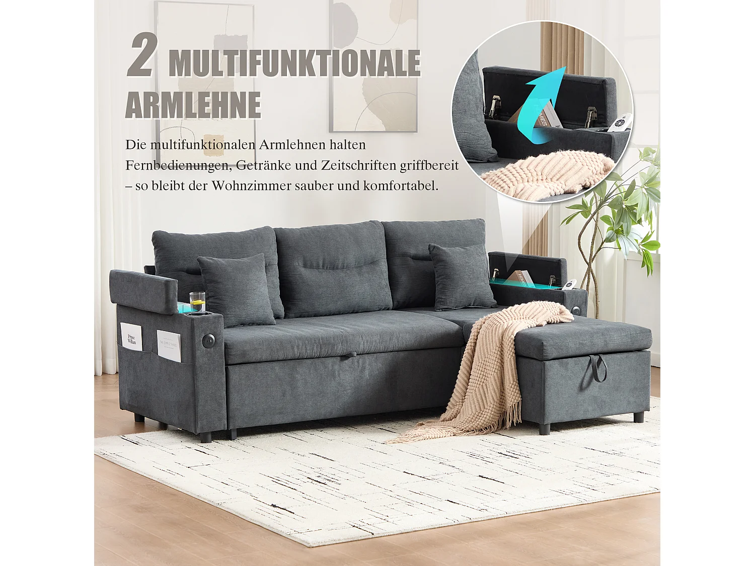 Canapé convertible 3 places - 212.5 x 136 x 86 cm - avec porte-gobelets + USB + rangement - canapé gigogne - lin - gris foncé