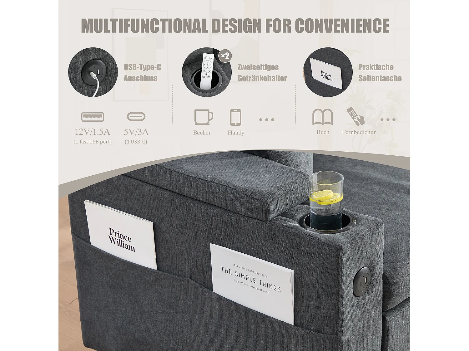 Canapé convertible 3 places - 212.5 x 136 x 86 cm - avec porte-gobelets + USB + rangement - canapé gigogne - lin - gris foncé