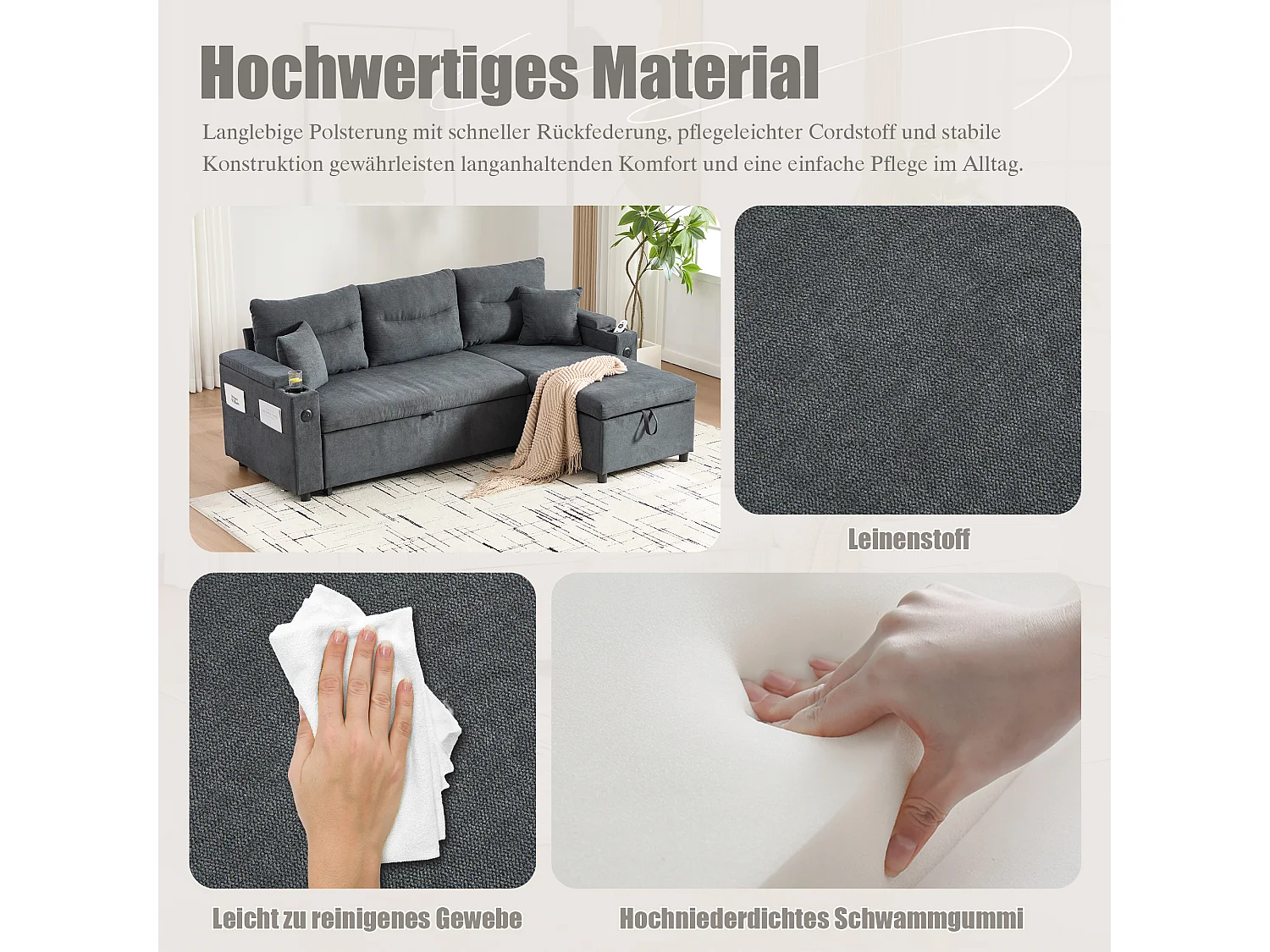 Canapé convertible 3 places - 212.5 x 136 x 86 cm - avec porte-gobelets + USB + rangement - canapé gigogne - lin - gris foncé