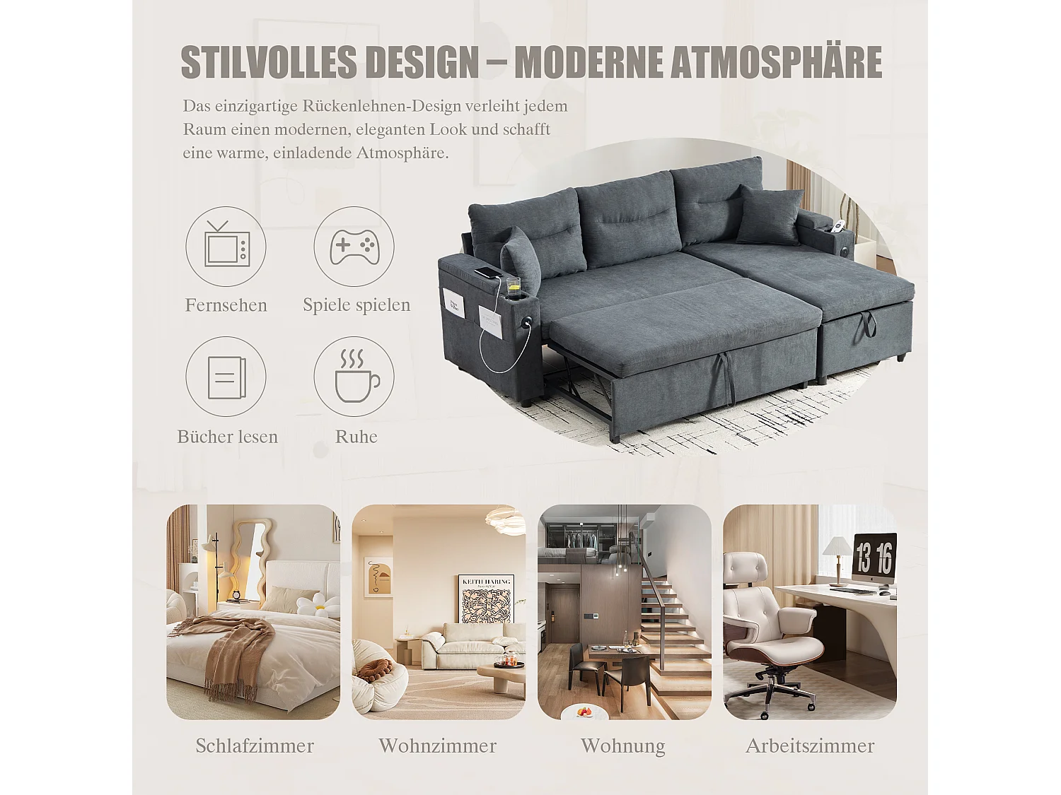 Canapé convertible 3 places - 212.5 x 136 x 86 cm - avec porte-gobelets + USB + rangement - canapé gigogne - lin - gris foncé