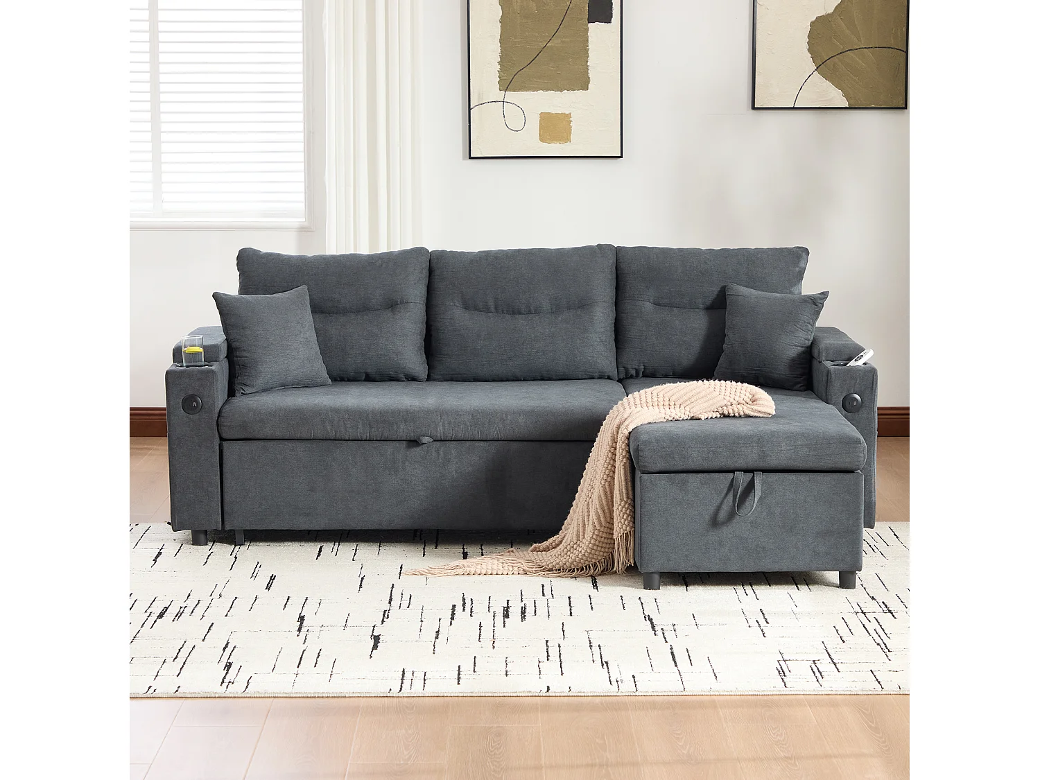 Canapé convertible 3 places - 212.5 x 136 x 86 cm - avec porte-gobelets + USB + rangement - canapé gigogne - lin - gris foncé