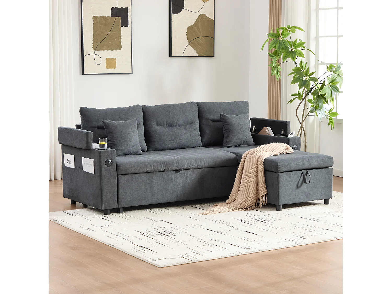 Canapé convertible 3 places - 212.5 x 136 x 86 cm - avec porte-gobelets + USB + rangement - canapé gigogne - lin - gris foncé