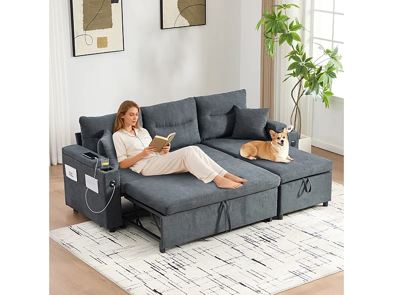 Canapé convertible 3 places - 212.5 x 136 x 86 cm - avec porte-gobelets + USB + rangement - canapé gigogne - lin - gris foncé