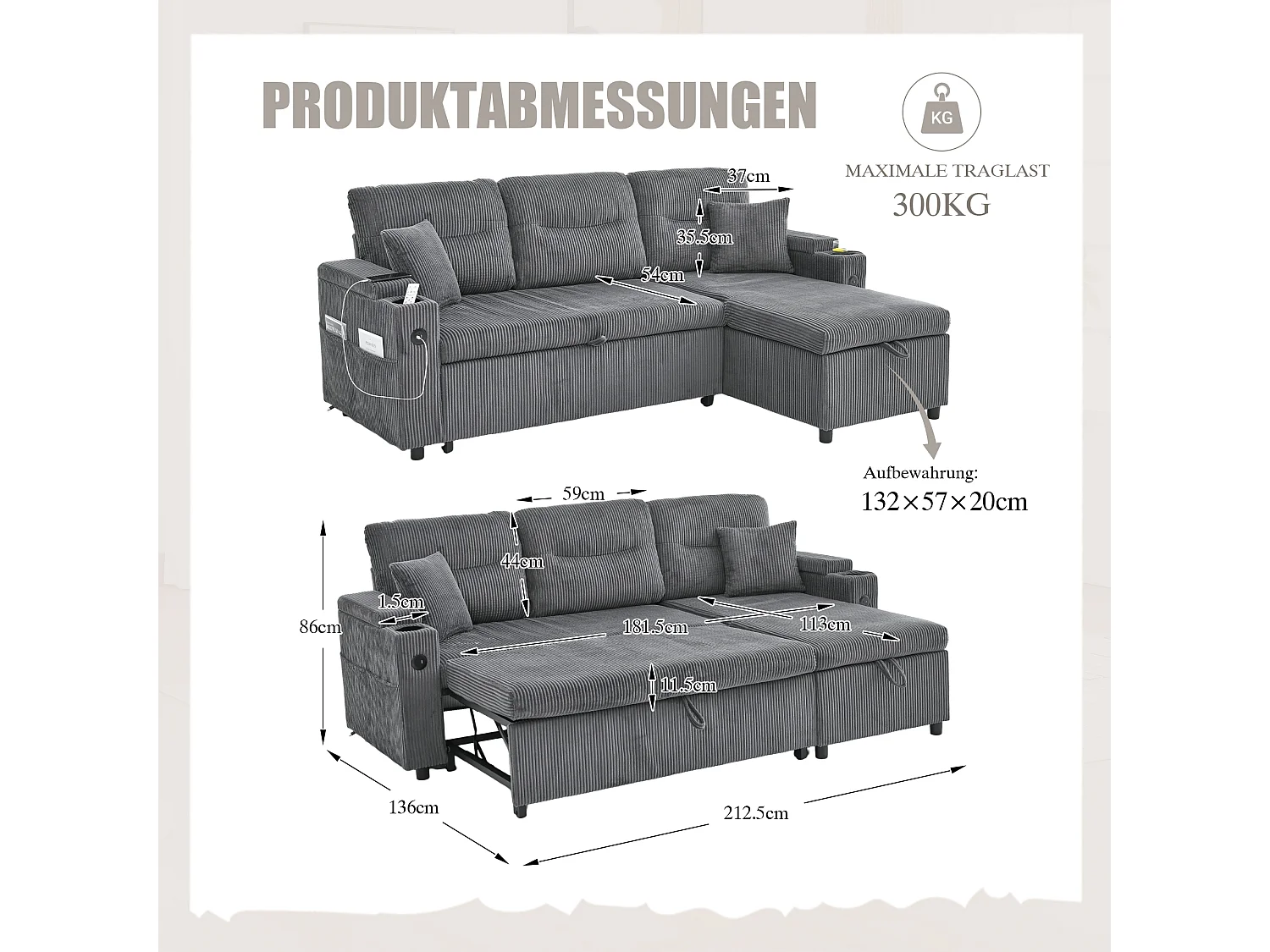 Canapé convertible 3 places - 212.5 x 136 x 86 cm - avec porte-gobelets + USB + rangement - canapé gigogne - lin - gris anthracite