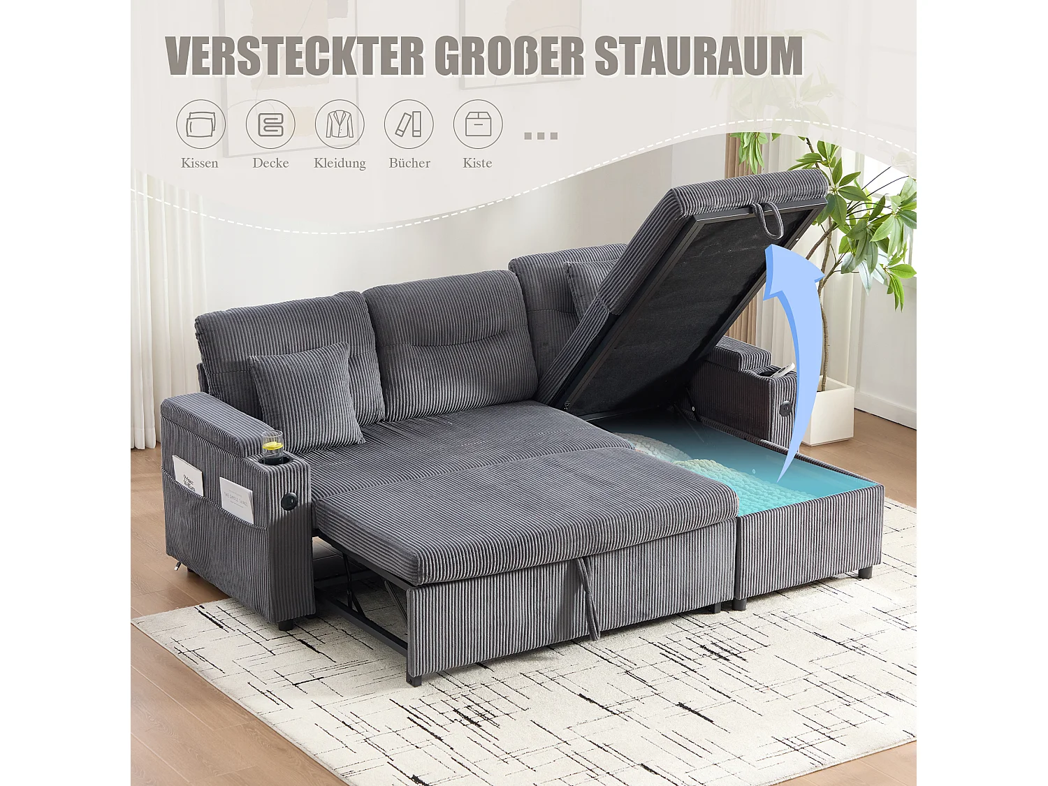 Canapé convertible 3 places - 212.5 x 136 x 86 cm - avec porte-gobelets + USB + rangement - canapé gigogne - lin - gris anthracite