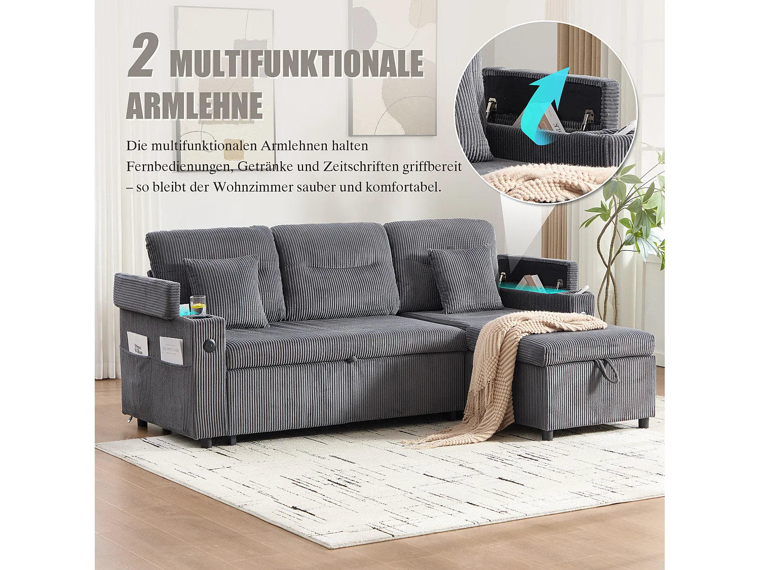 Canapé convertible 3 places - 212.5 x 136 x 86 cm - avec porte-gobelets + USB + rangement - canapé gigogne - lin - gris anthracite