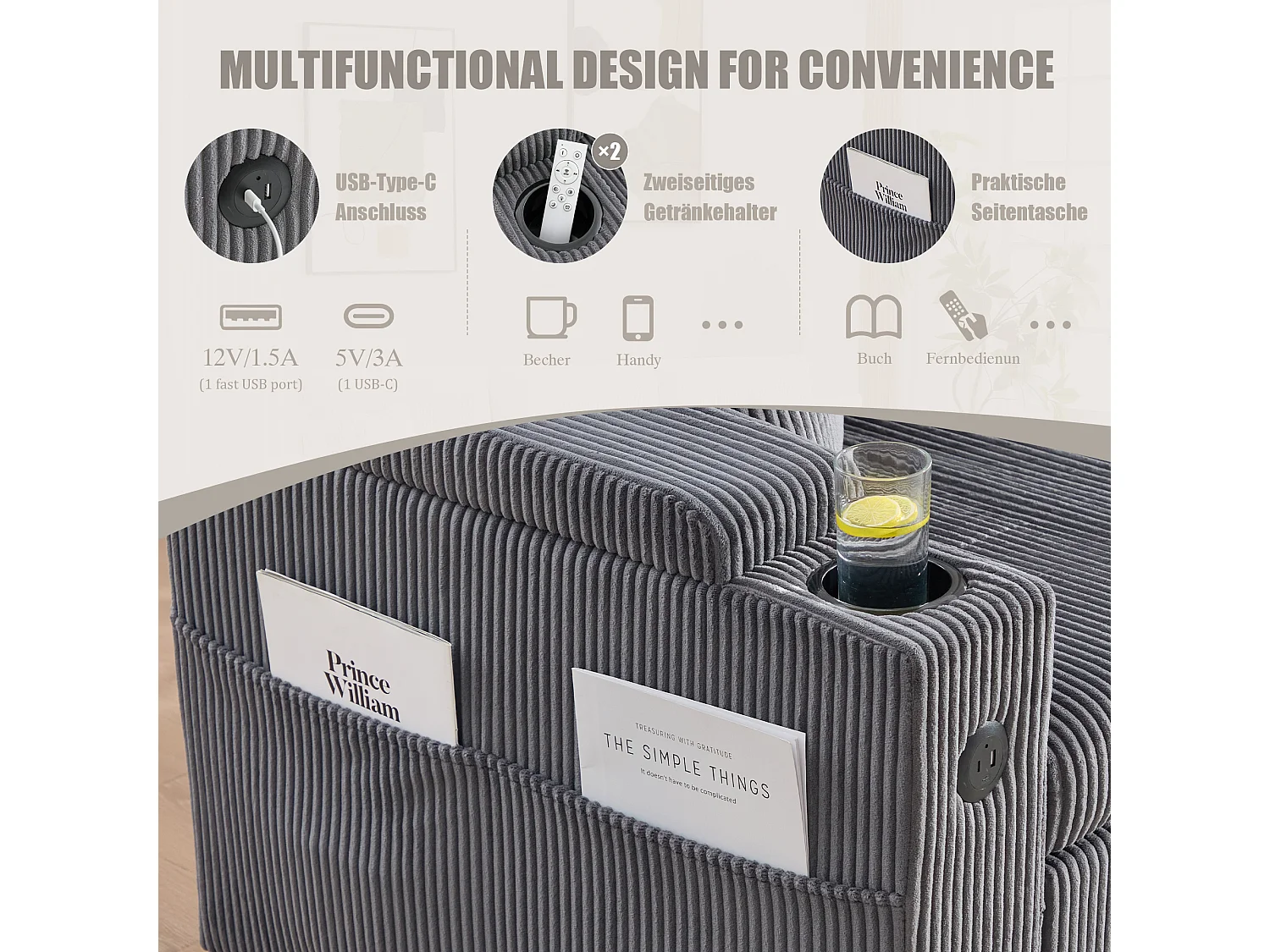 Canapé convertible 3 places - 212.5 x 136 x 86 cm - avec porte-gobelets + USB + rangement - canapé gigogne - lin - gris anthracite