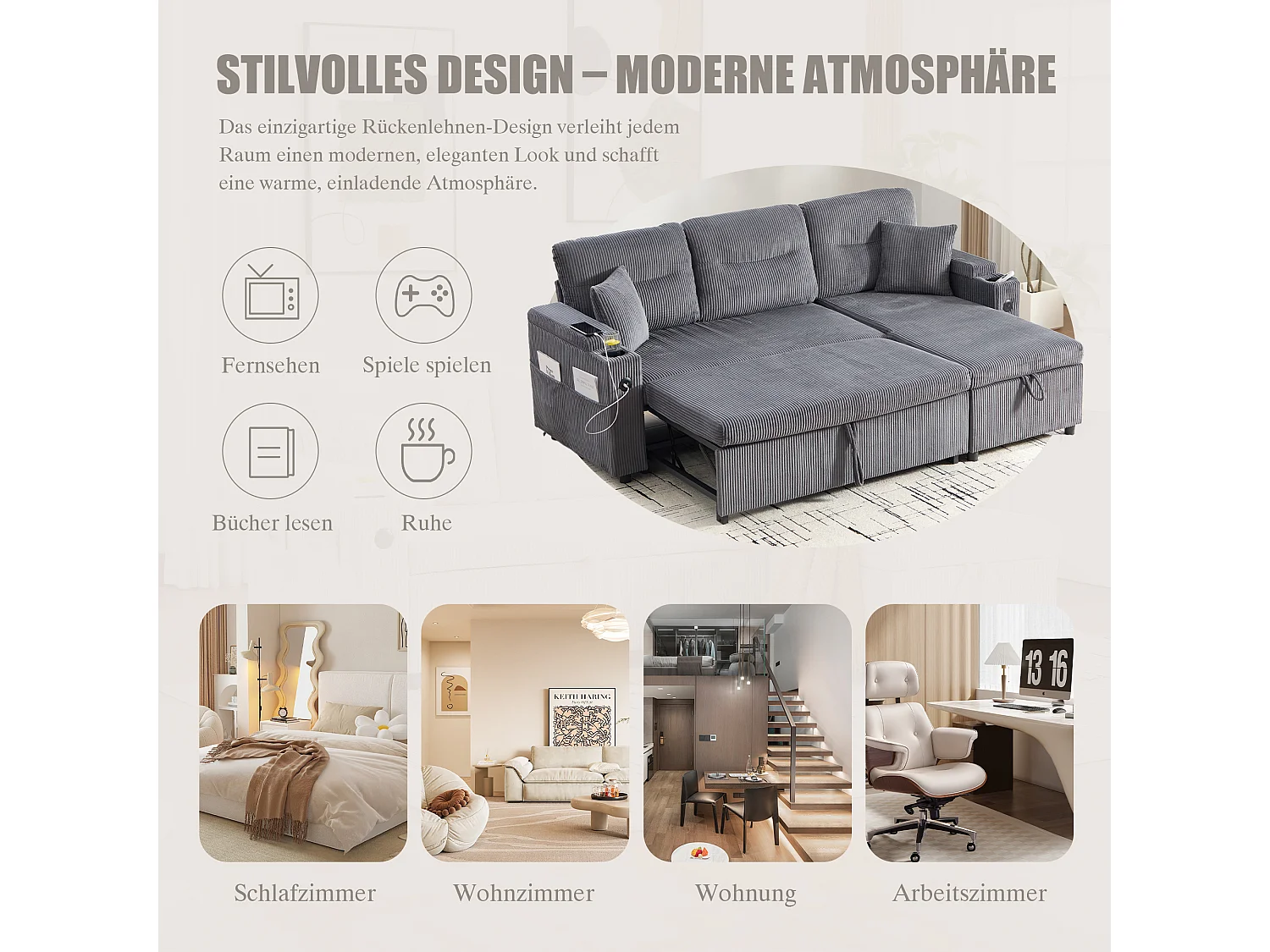 Canapé convertible 3 places - 212.5 x 136 x 86 cm - avec porte-gobelets + USB + rangement - canapé gigogne - lin - gris anthracite