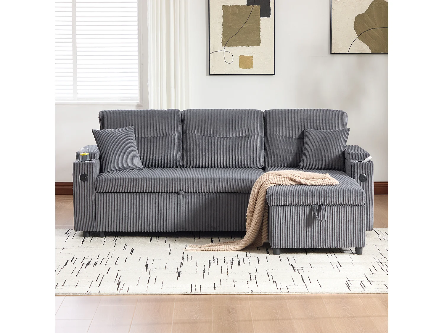 Canapé convertible 3 places - 212.5 x 136 x 86 cm - avec porte-gobelets + USB + rangement - canapé gigogne - lin - gris anthracite