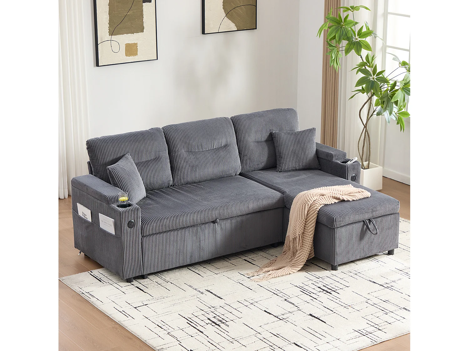 Canapé convertible 3 places - 212.5 x 136 x 86 cm - avec porte-gobelets + USB + rangement - canapé gigogne - lin - gris anthracite