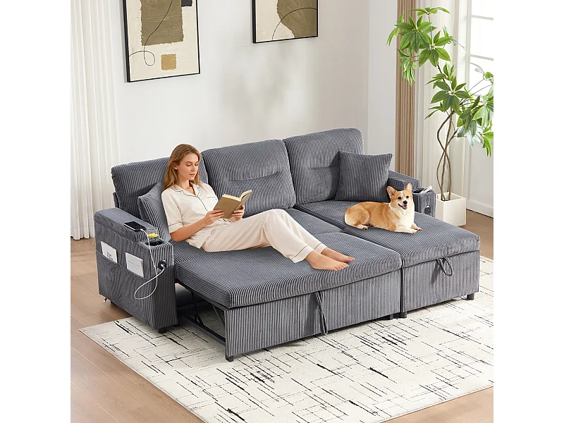 Canapé convertible 3 places - 212.5 x 136 x 86 cm - avec porte-gobelets + USB + rangement - canapé gigogne - lin - gris anthracite