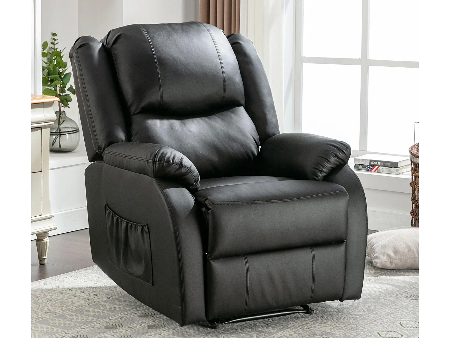 Fauteuil réglable en PU - Dossier réglable - Accoudoirs rembourrés - Repose-pieds et poches latérales - Noir