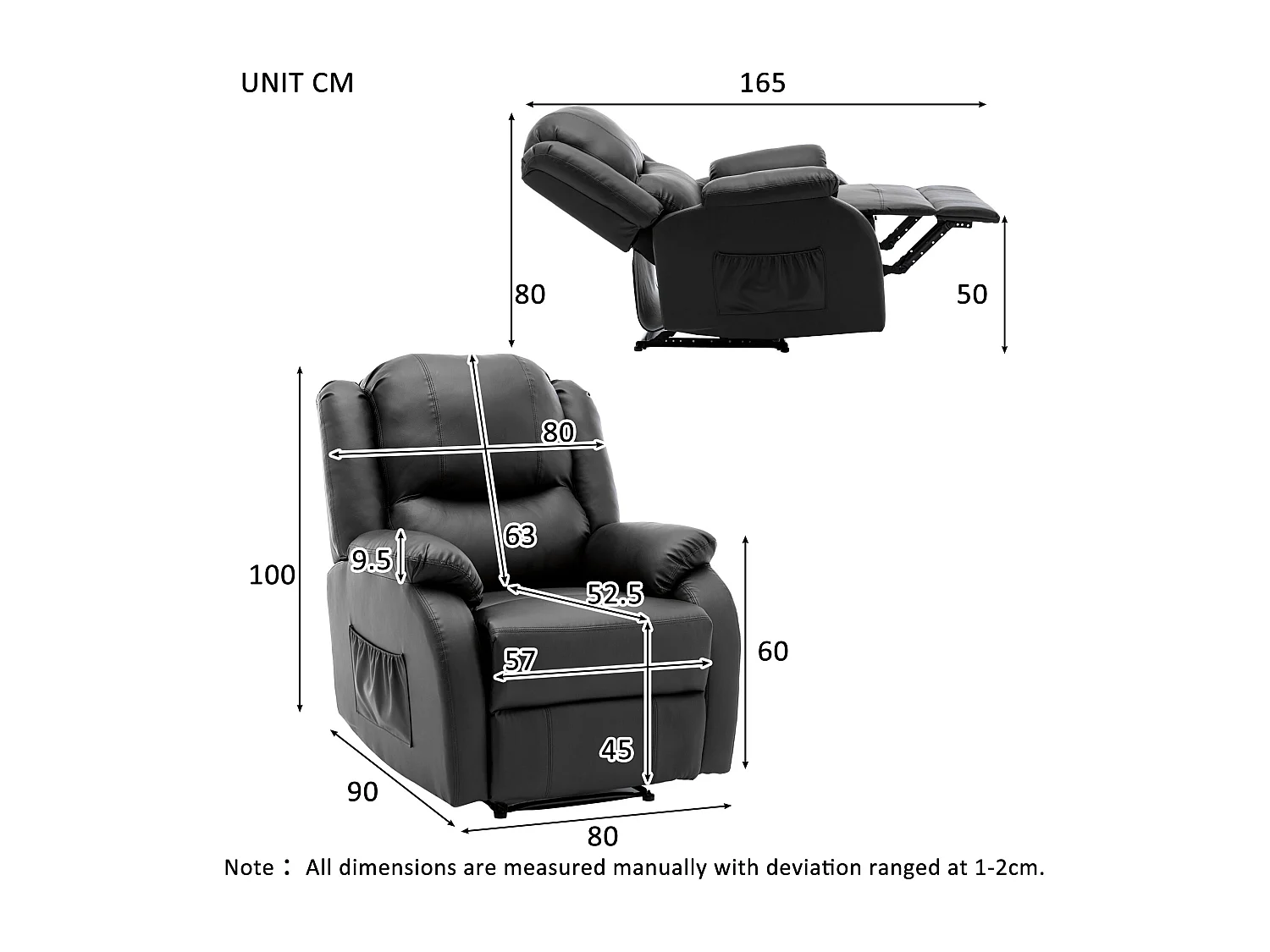 Fauteuil réglable en PU - Dossier réglable - Accoudoirs rembourrés - Repose-pieds et poches latérales - Noir