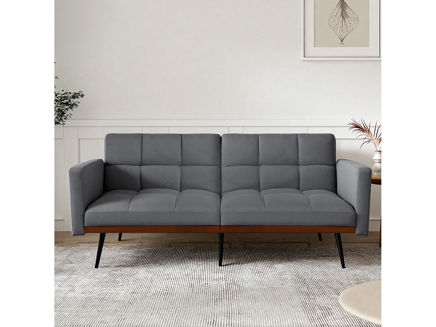 Canapé 2 places convertible avec accoudoirs - Dossier réglable 5 positions - Pieds en métal - Tissu lin gris