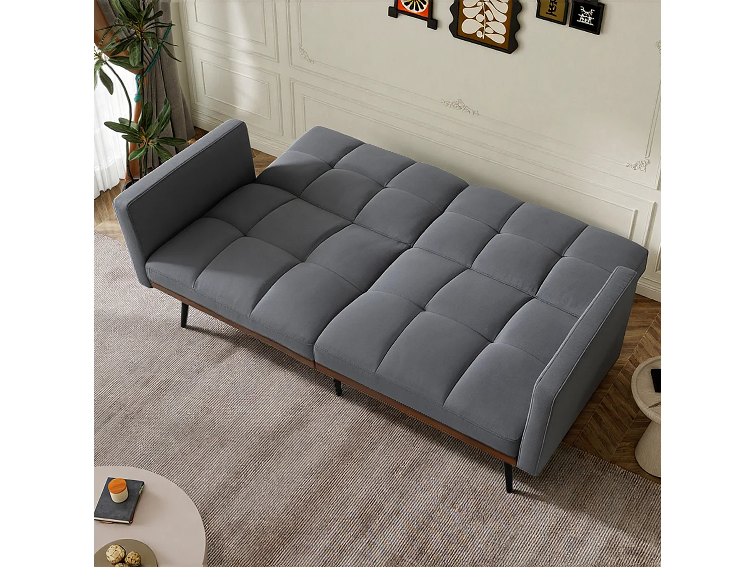 Canapé 2 places convertible avec accoudoirs - Dossier réglable 5 positions - Pieds en métal - Tissu lin gris