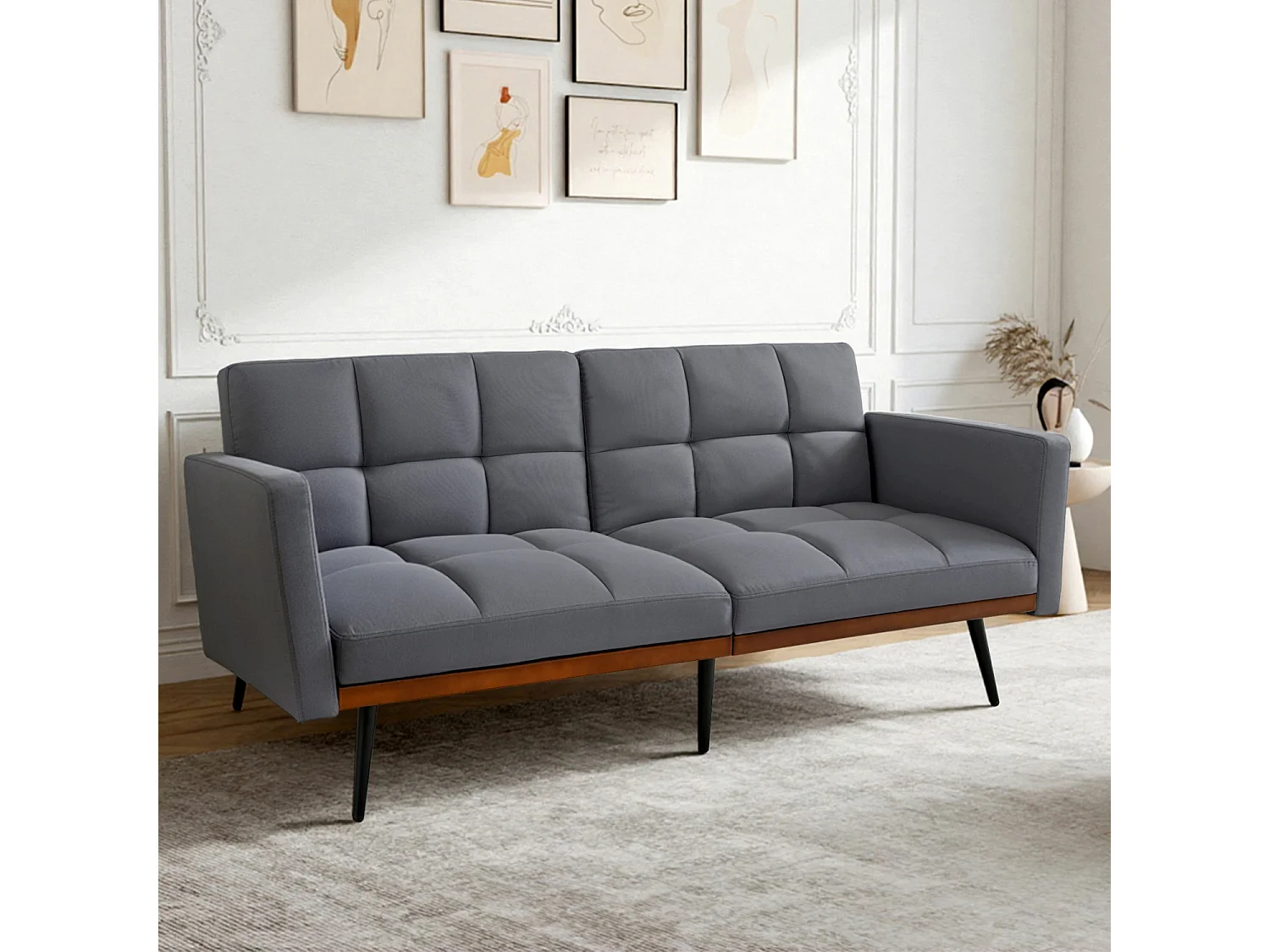 Canapé 2 places convertible avec accoudoirs - Dossier réglable 5 positions - Pieds en métal - Tissu lin gris