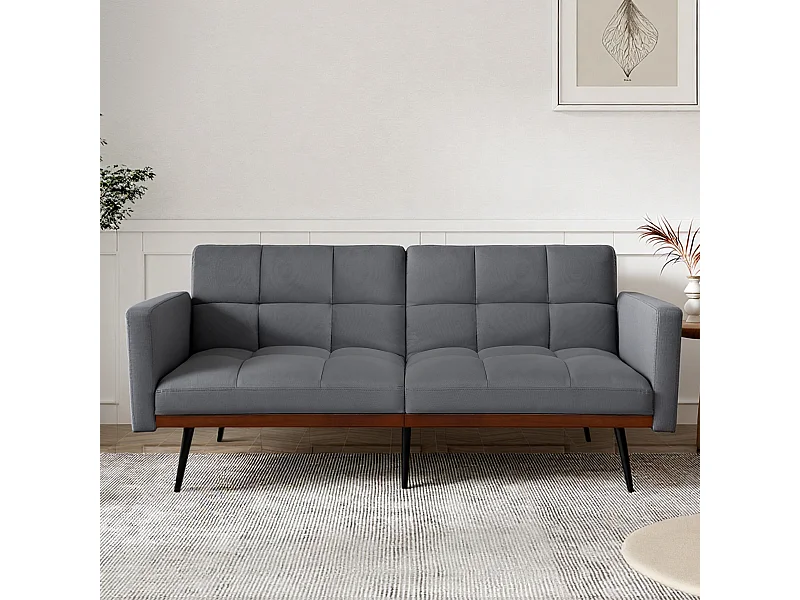 Canapé 2 places convertible avec accoudoirs - Dossier réglable 5 positions - Pieds en métal - Tissu lin gris