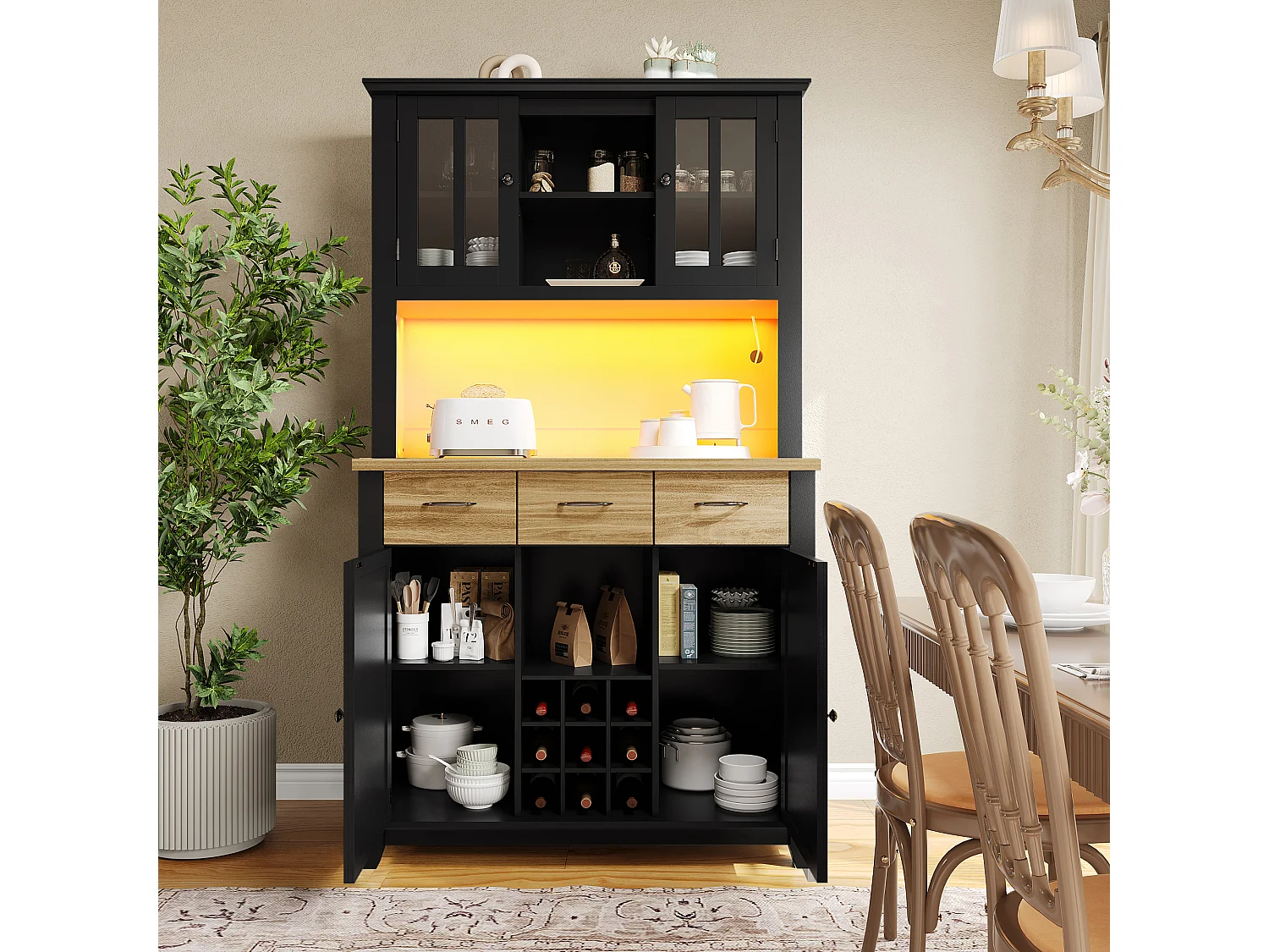 Keukendressoir met ledverlichting, 3 lades en 4 deuren - verstelbare planken - Zwart en hout