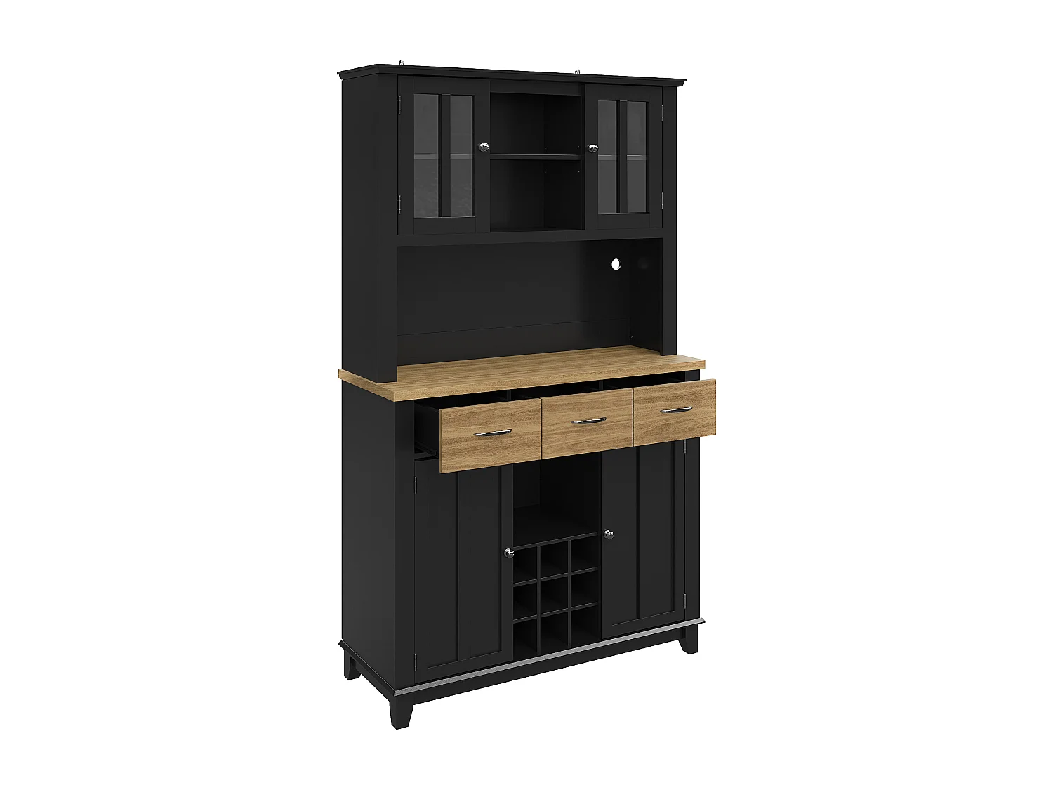 Keukendressoir met ledverlichting, 3 lades en 4 deuren - verstelbare planken - Zwart en hout