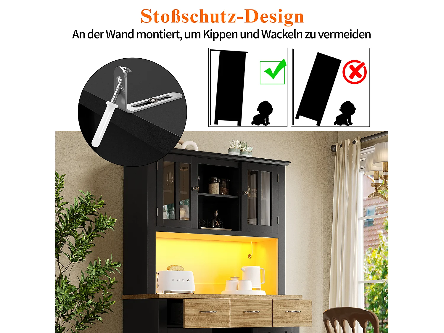 Keukendressoir met ledverlichting, 3 lades en 4 deuren - verstelbare planken - Zwart en hout