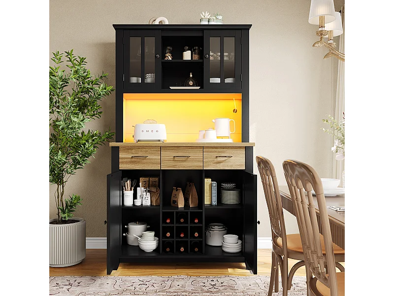 Keukendressoir met ledverlichting, 3 lades en 4 deuren - verstelbare planken - Zwart en hout