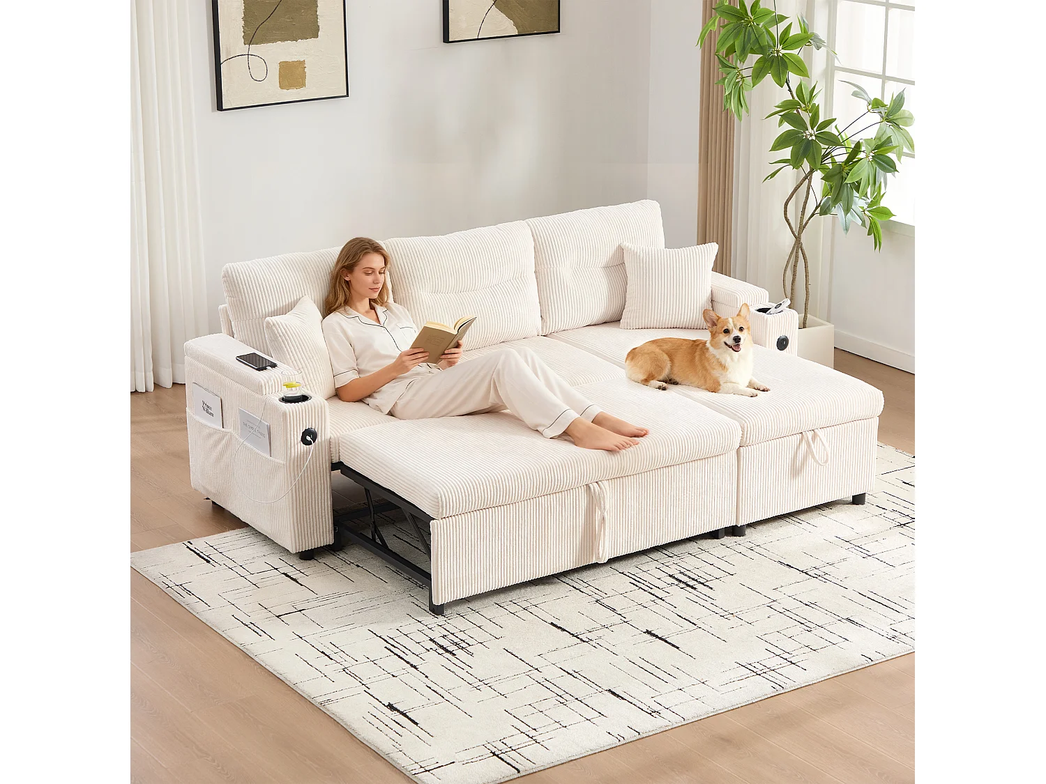 Canapé convertible 3 places - 212.5 x 136 x 86 cm - avec porte-gobelets + USB + rangement - canapé gigogne - lin - beige