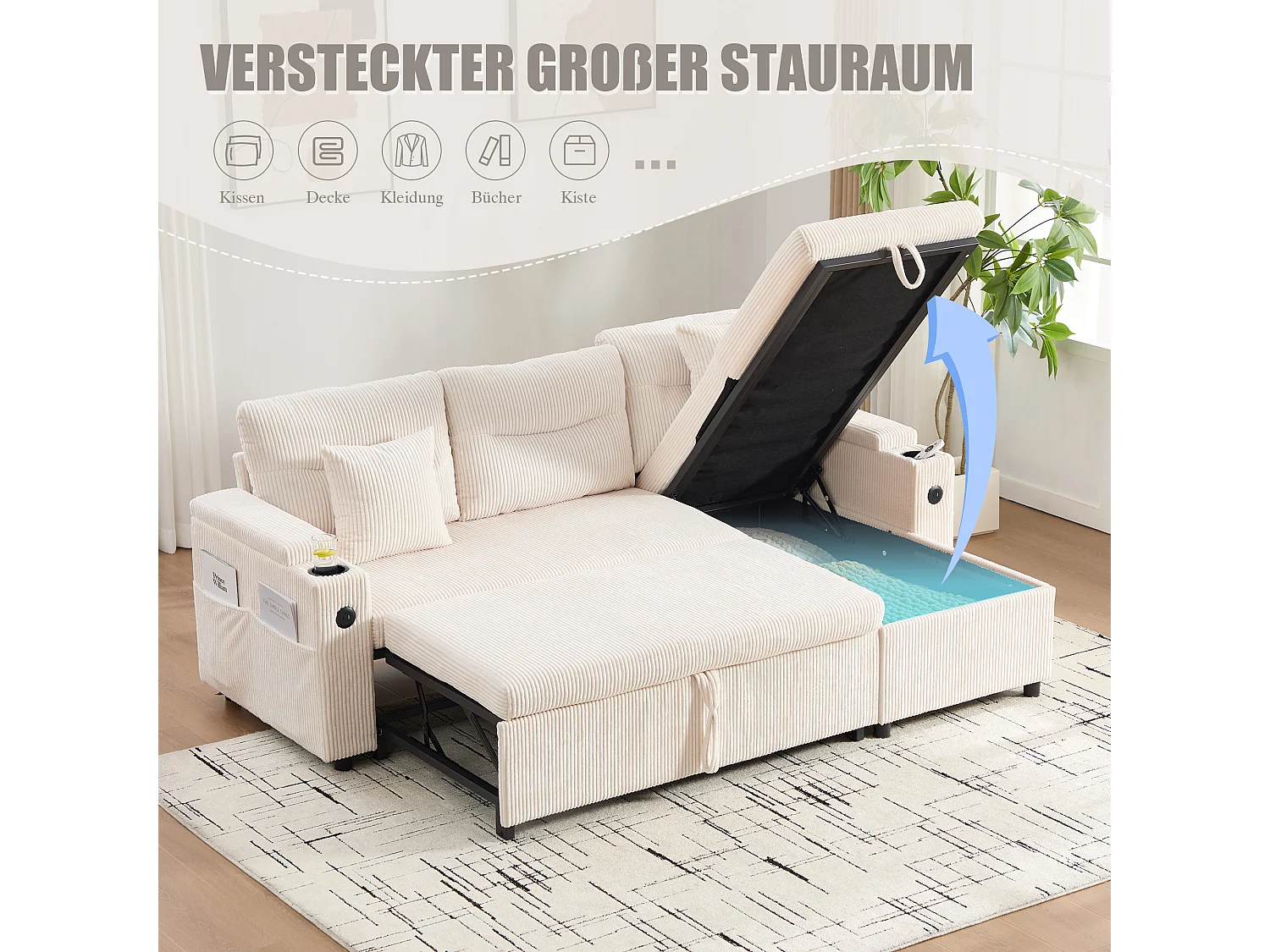 Canapé convertible 3 places - 212.5 x 136 x 86 cm - avec porte-gobelets + USB + rangement - canapé gigogne - lin - beige