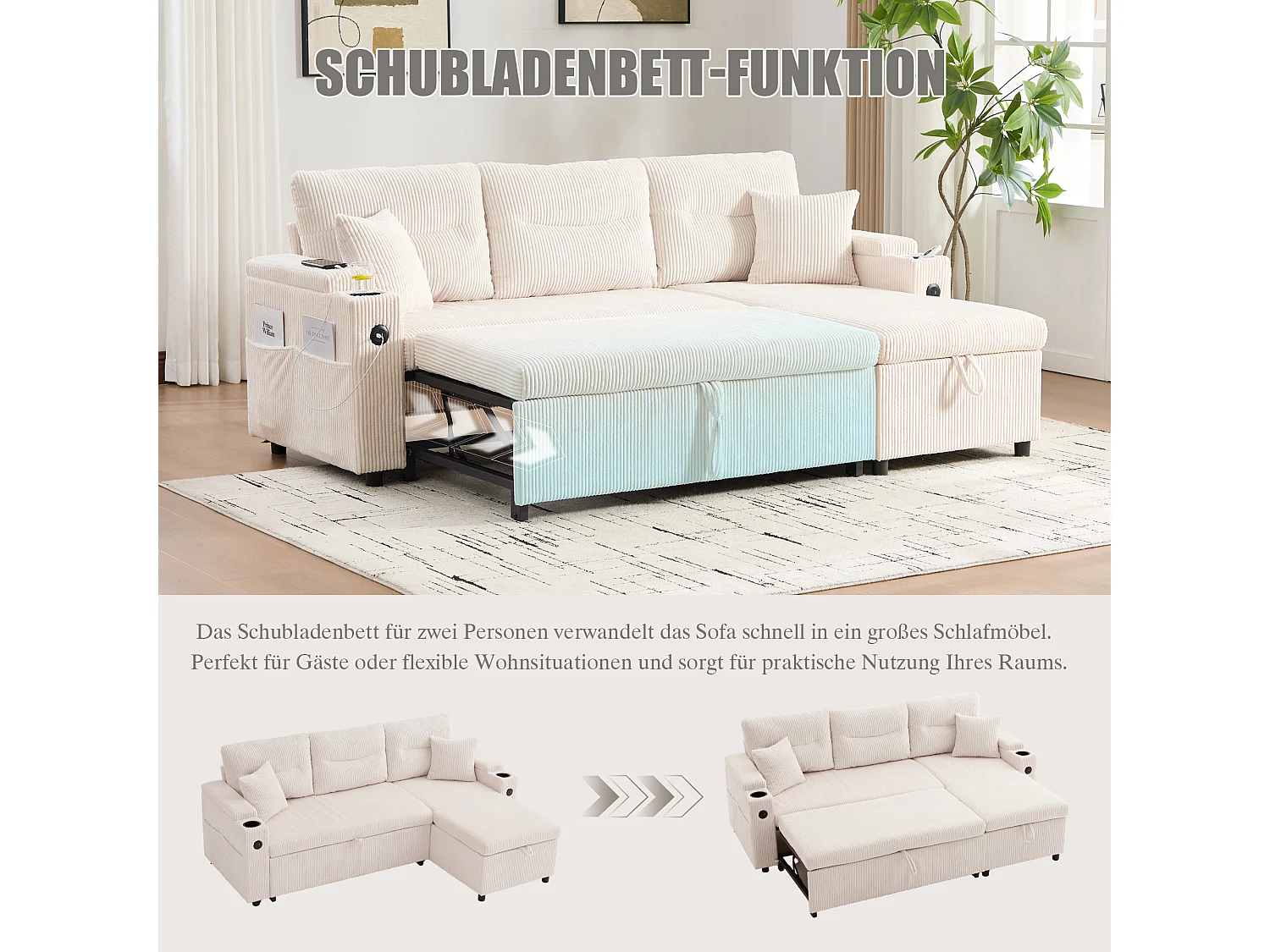 Canapé convertible 3 places - 212.5 x 136 x 86 cm - avec porte-gobelets + USB + rangement - canapé gigogne - lin - beige