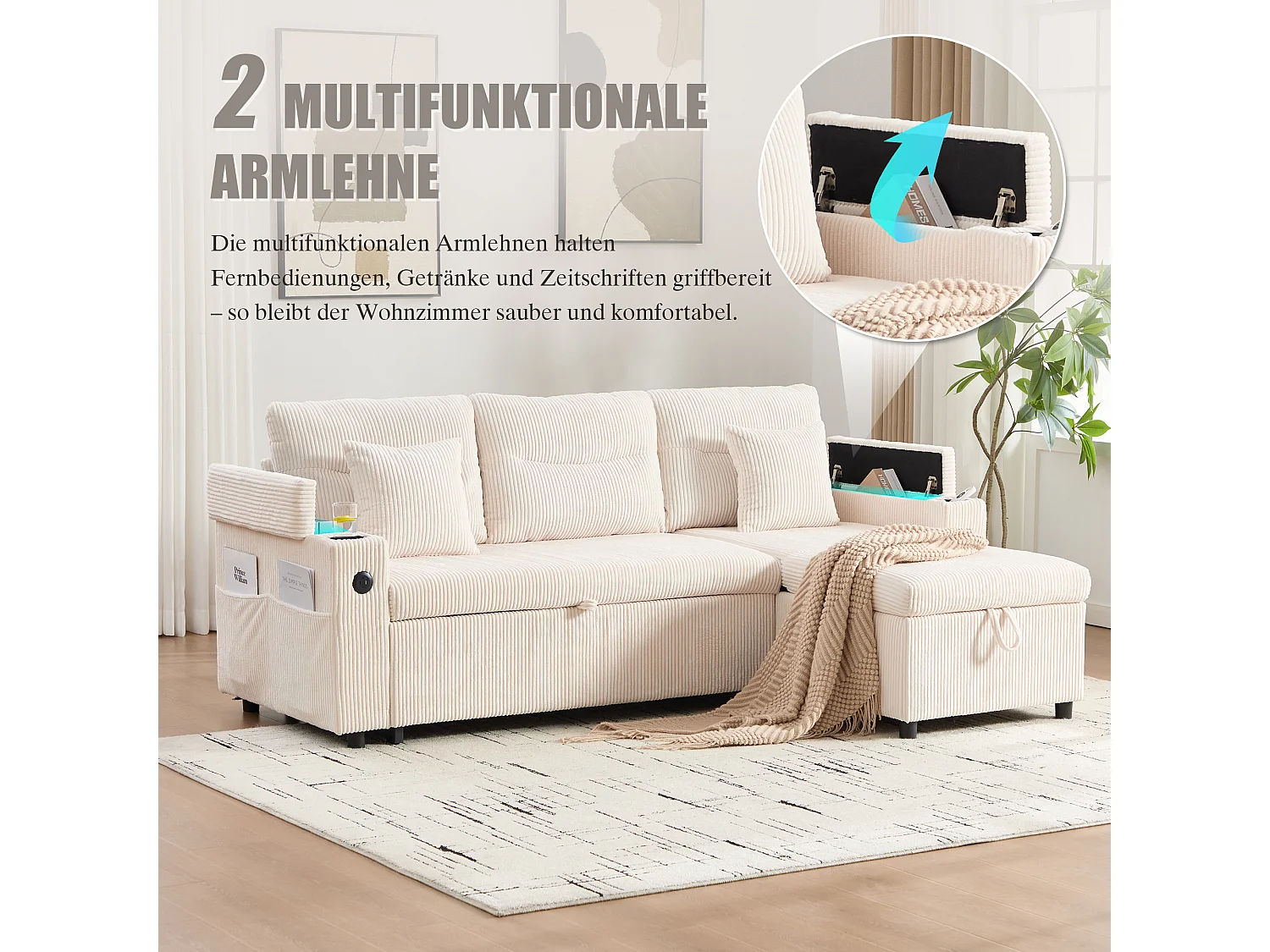 Canapé convertible 3 places - 212.5 x 136 x 86 cm - avec porte-gobelets + USB + rangement - canapé gigogne - lin - beige