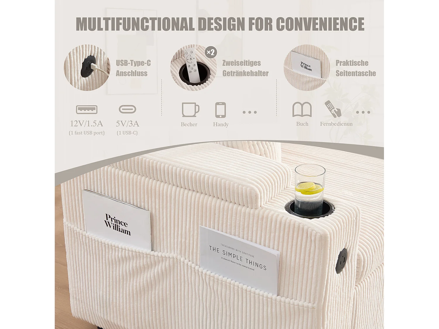 Canapé convertible 3 places - 212.5 x 136 x 86 cm - avec porte-gobelets + USB + rangement - canapé gigogne - lin - beige