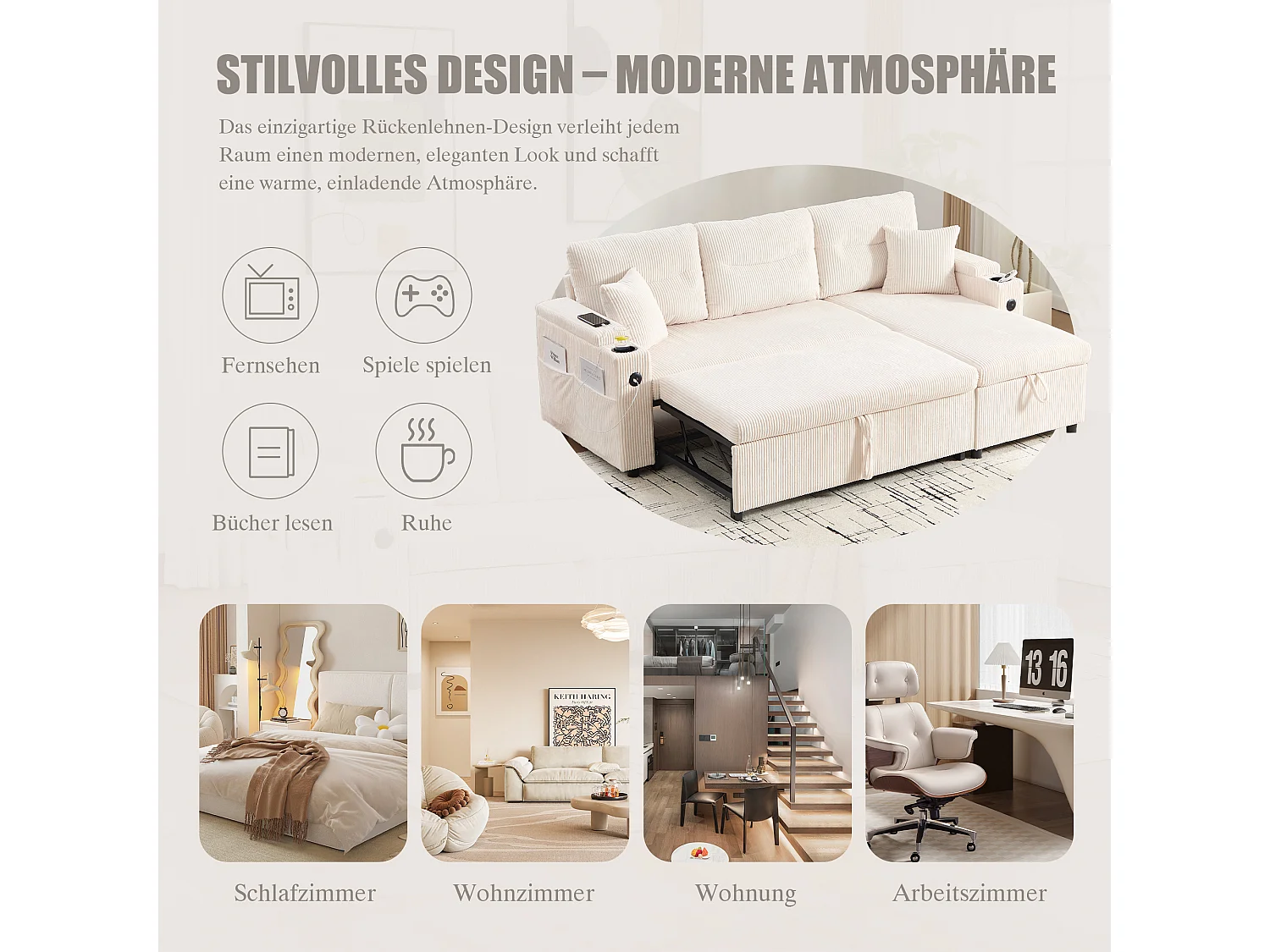 Canapé convertible 3 places - 212.5 x 136 x 86 cm - avec porte-gobelets + USB + rangement - canapé gigogne - lin - beige