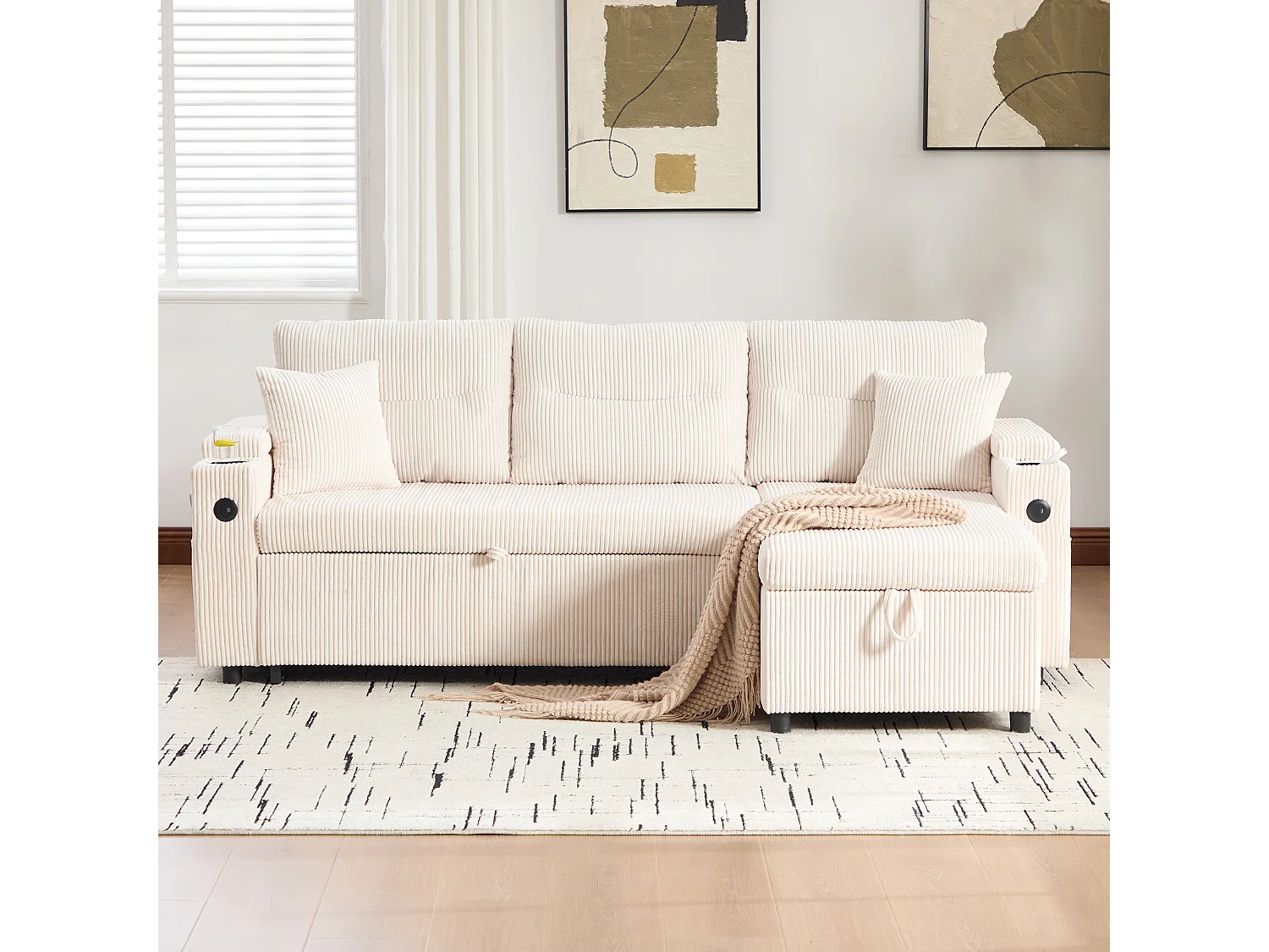 Canapé convertible 3 places - 212.5 x 136 x 86 cm - avec porte-gobelets + USB + rangement - canapé gigogne - lin - beige