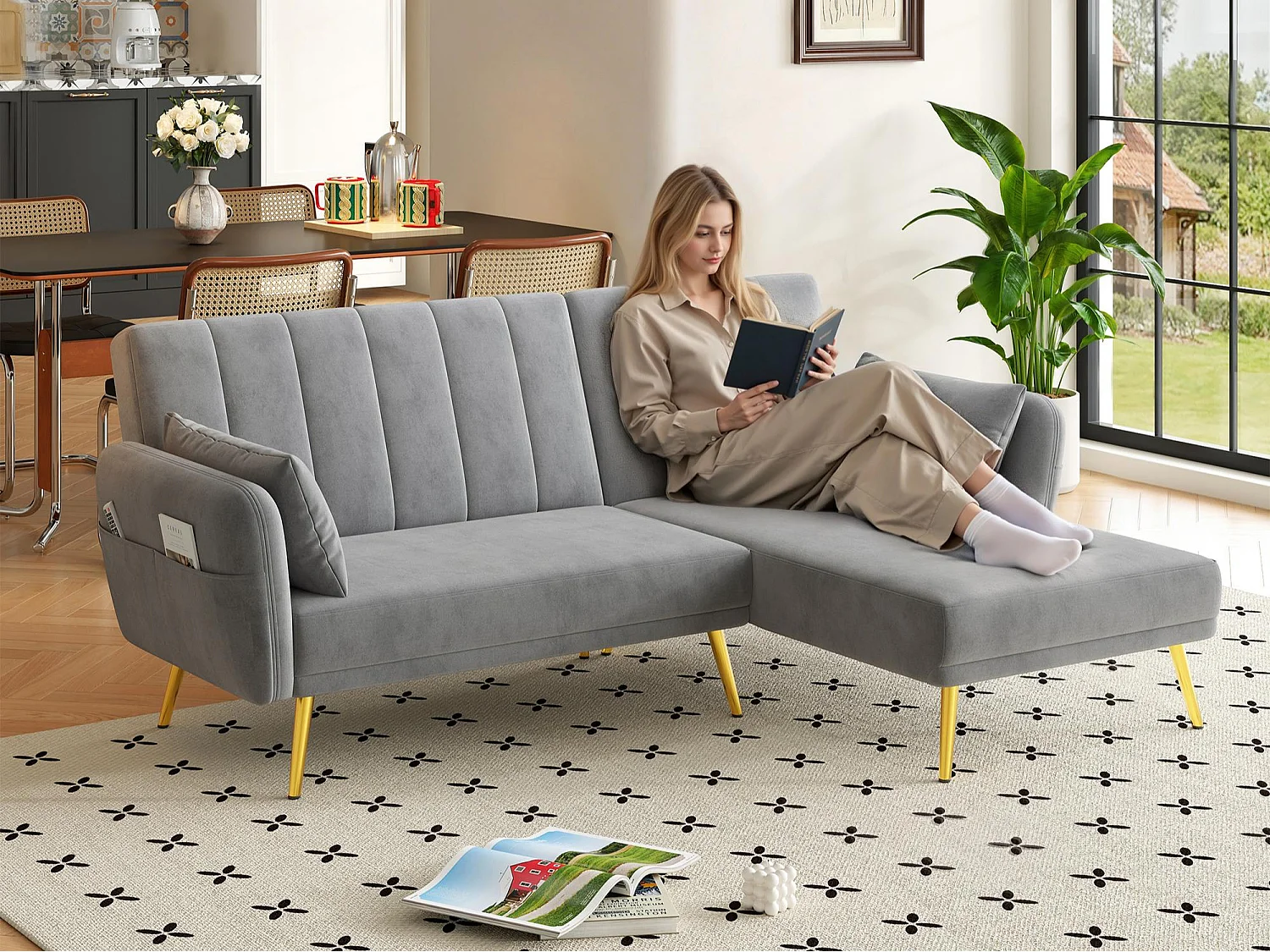 Modernes Ecksofa in L-Form - 3 Plätze - klappbare Rückenlehne - Samt - Grau