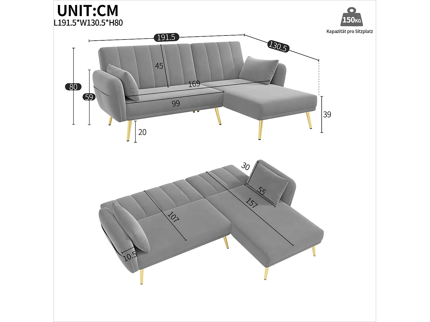 Modernes Ecksofa in L-Form - 3 Plätze - klappbare Rückenlehne - Samt - Grau