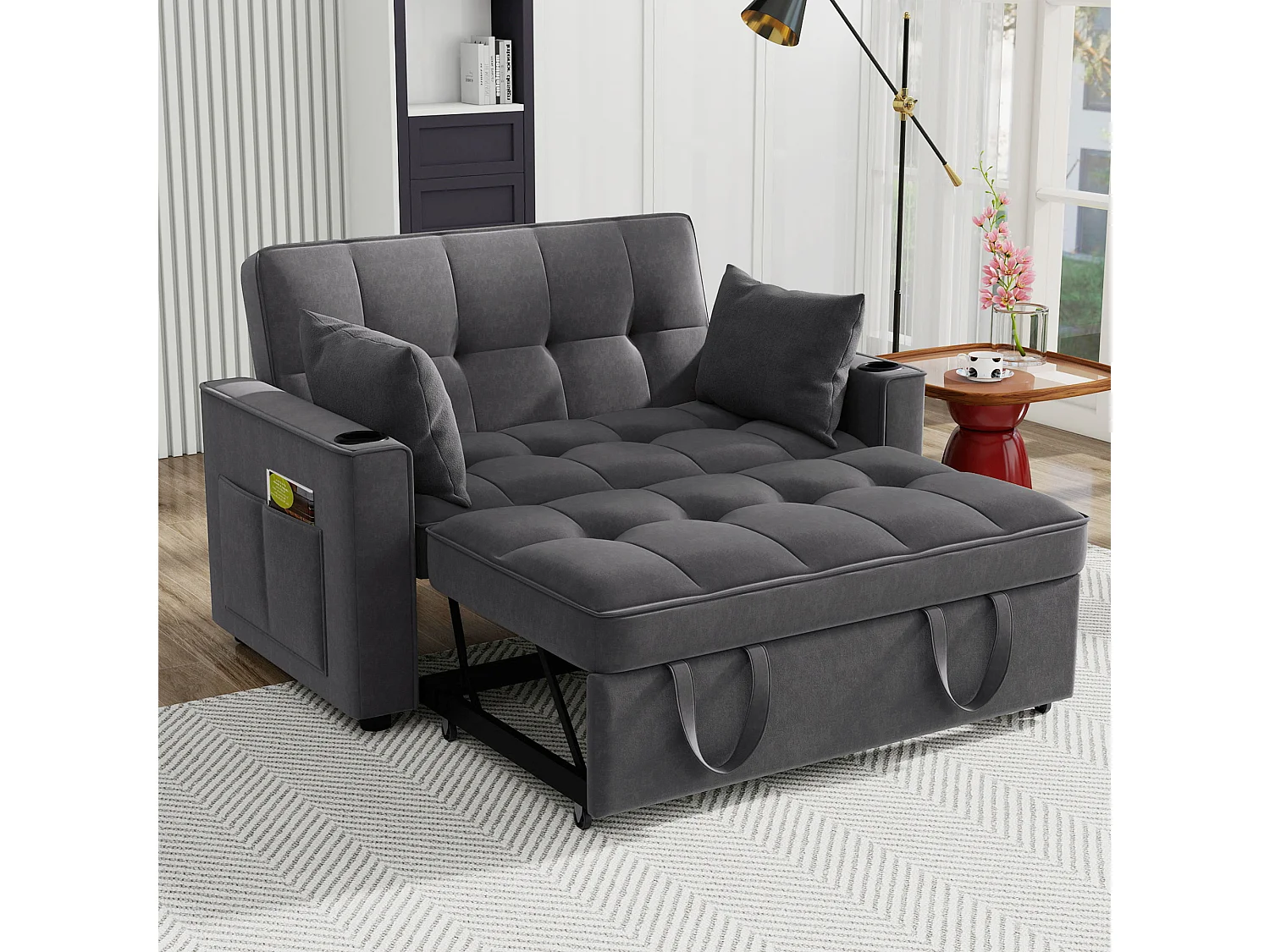 Canapé 2 places convertible avec fonction couchage - Tissu velours- Gris