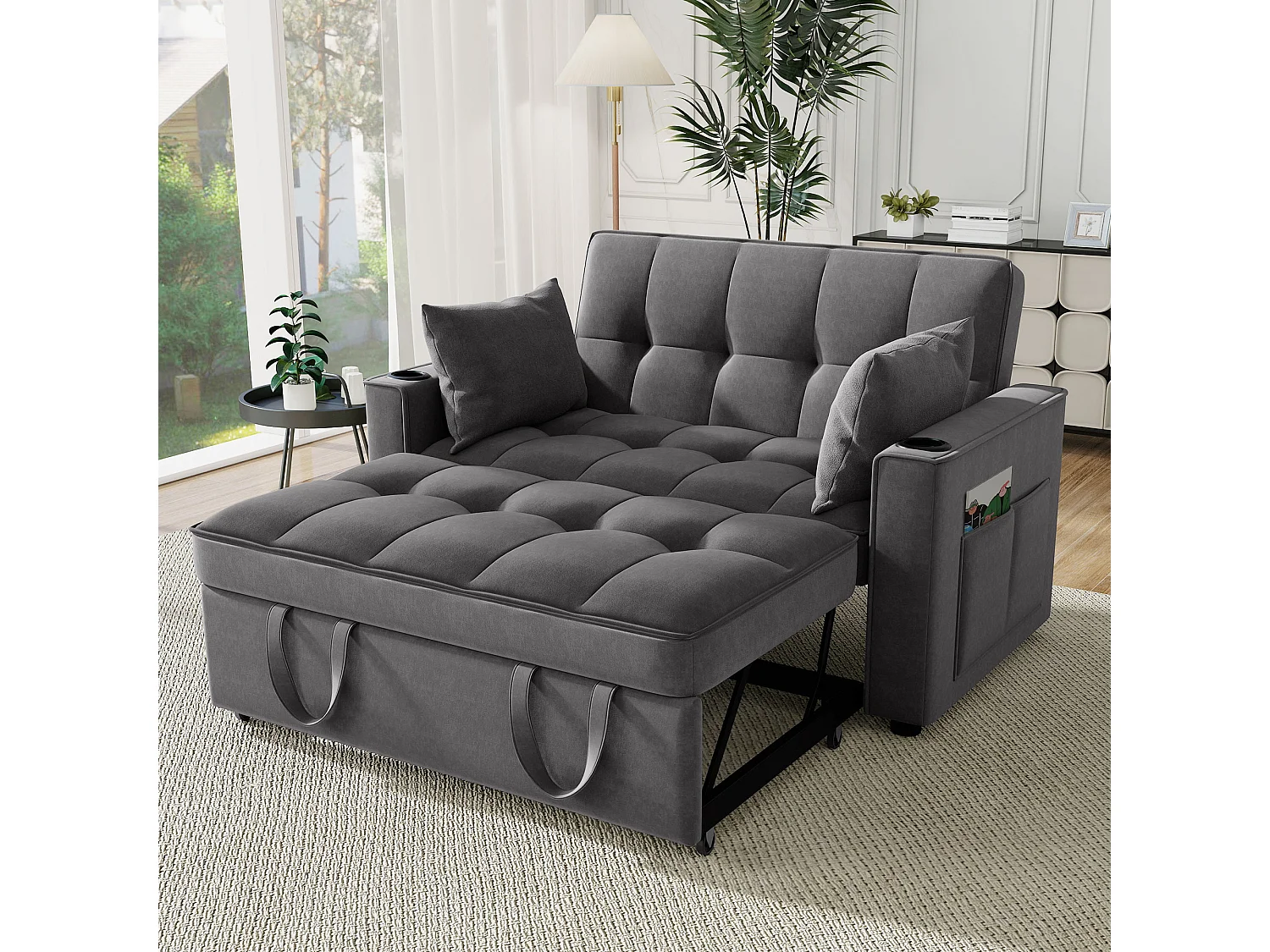 Canapé 2 places convertible avec fonction couchage - Tissu velours- Gris