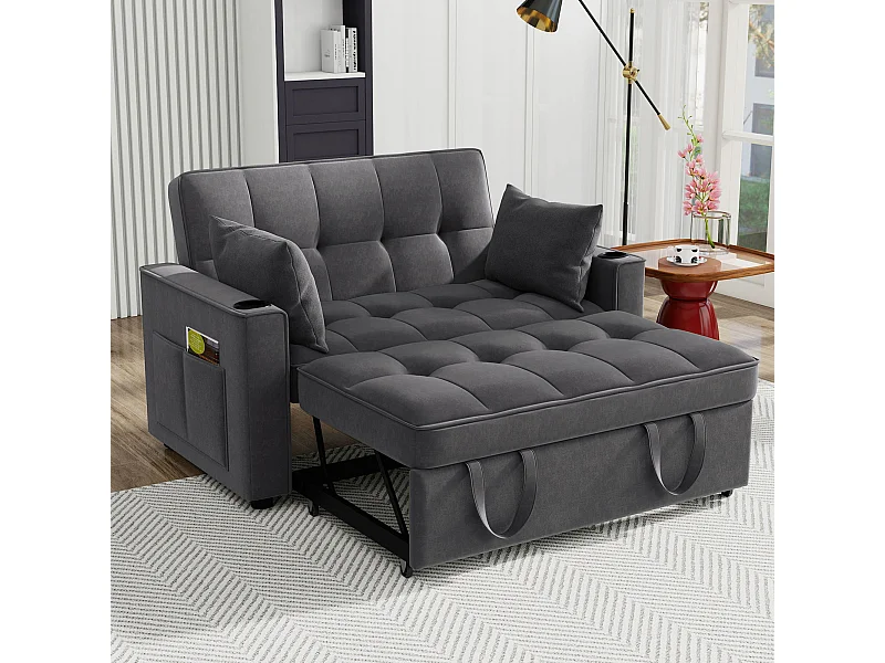 Canapé 2 places convertible avec fonction couchage - Tissu velours- Gris