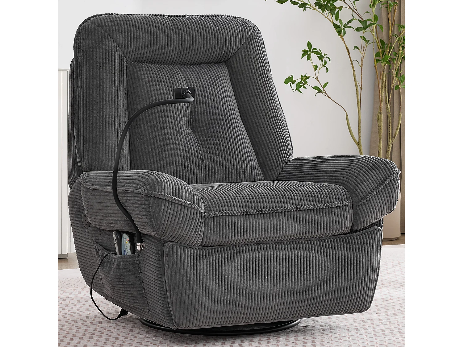 Fauteuil relax électrique en velours côtelé gris - Fonction massage et chauffage , USB