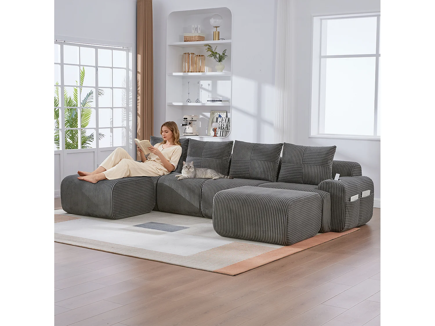 Canapé modulable 4 places - 333 x 174 x 80 cm - avec 2 poufs + porte-gobelets + poche de rangement - velours - gris foncé