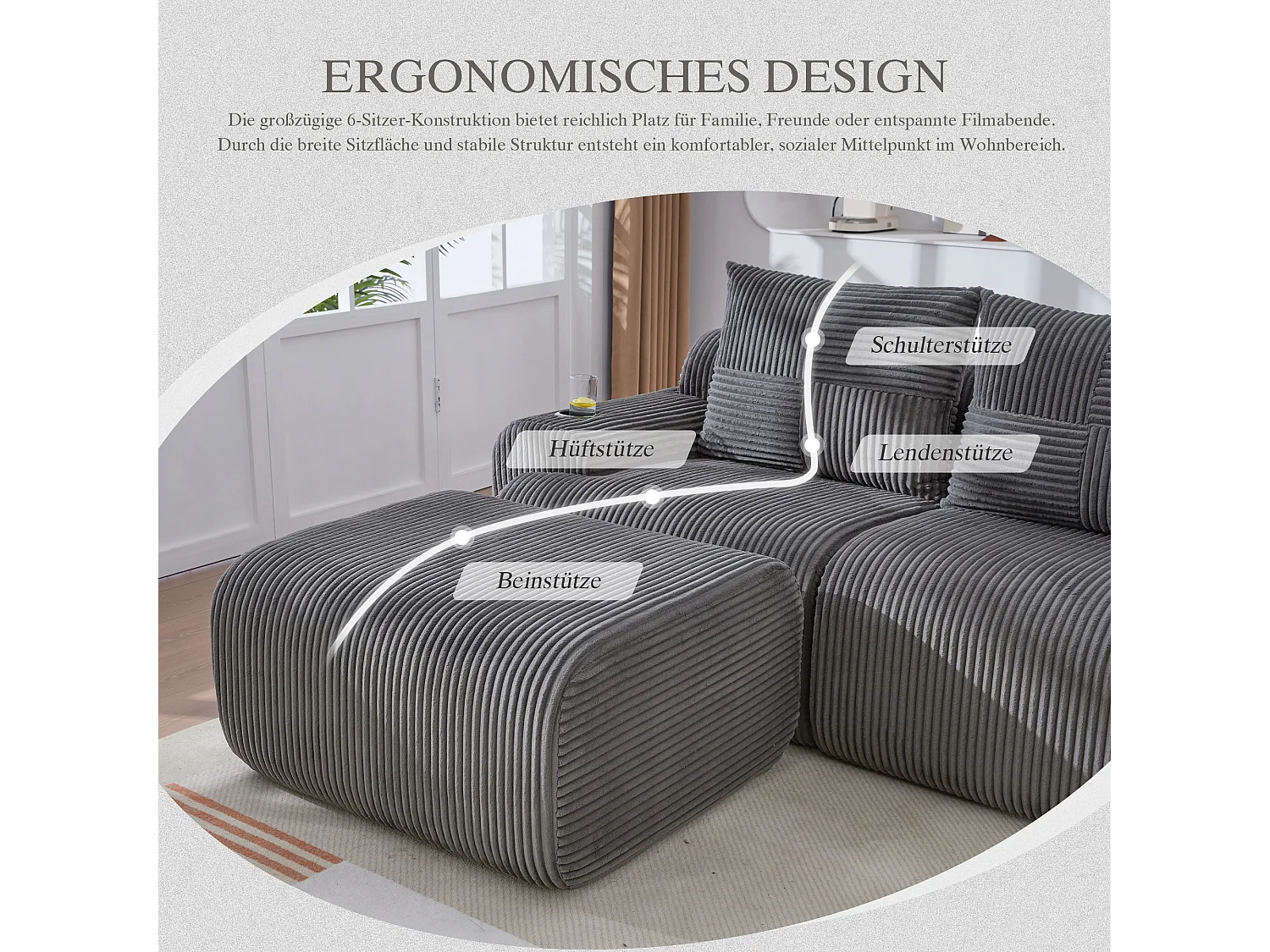 Canapé modulable 4 places - 333 x 174 x 80 cm - avec 2 poufs + porte-gobelets + poche de rangement - velours - gris foncé