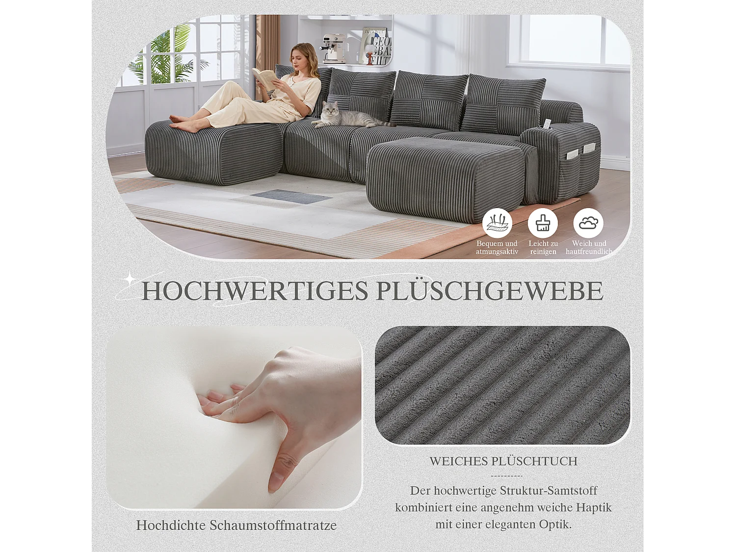 Canapé modulable 4 places - 333 x 174 x 80 cm - avec 2 poufs + porte-gobelets + poche de rangement - velours - gris foncé