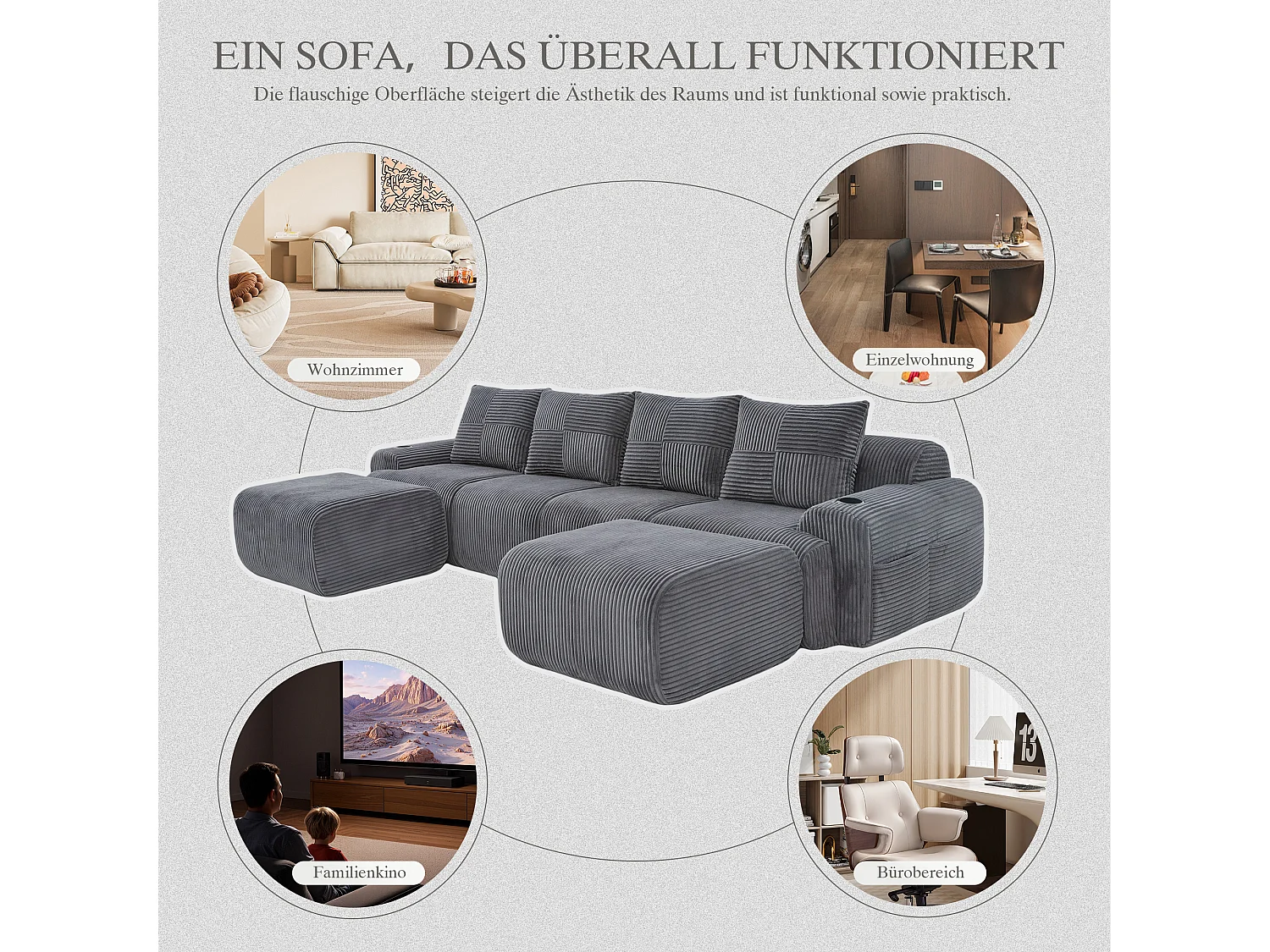 Canapé modulable 4 places - 333 x 174 x 80 cm - avec 2 poufs + porte-gobelets + poche de rangement - velours - gris foncé