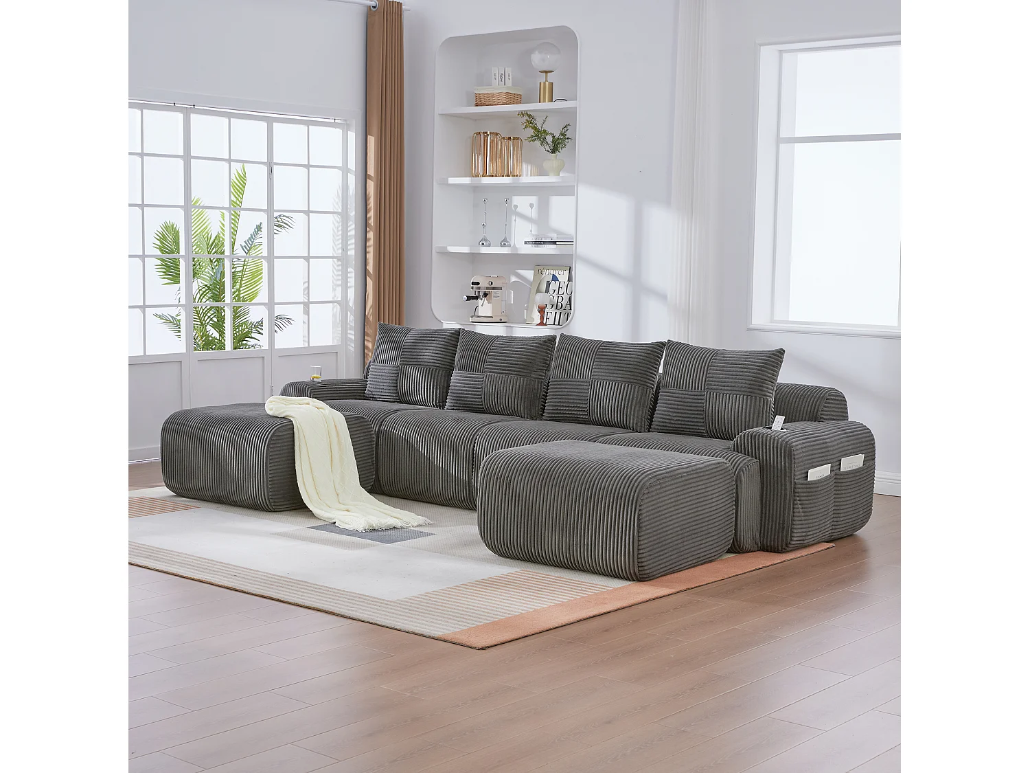 Canapé modulable 4 places - 333 x 174 x 80 cm - avec 2 poufs + porte-gobelets + poche de rangement - velours - gris foncé