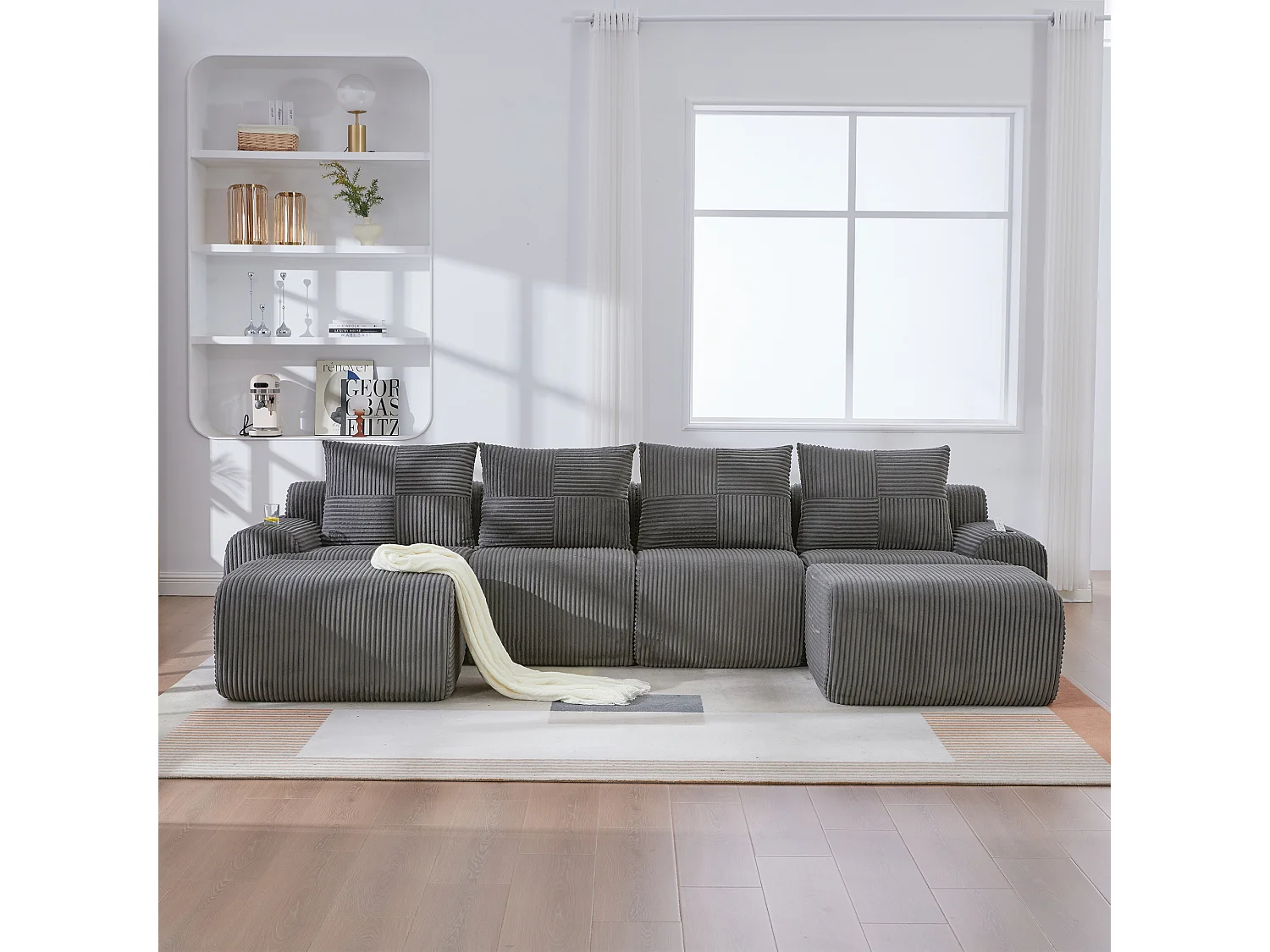 Canapé modulable 4 places - 333 x 174 x 80 cm - avec 2 poufs + porte-gobelets + poche de rangement - velours - gris foncé