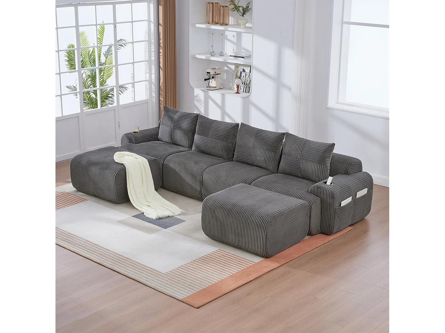 Canapé modulable 4 places - 333 x 174 x 80 cm - avec 2 poufs + porte-gobelets + poche de rangement - velours - gris foncé